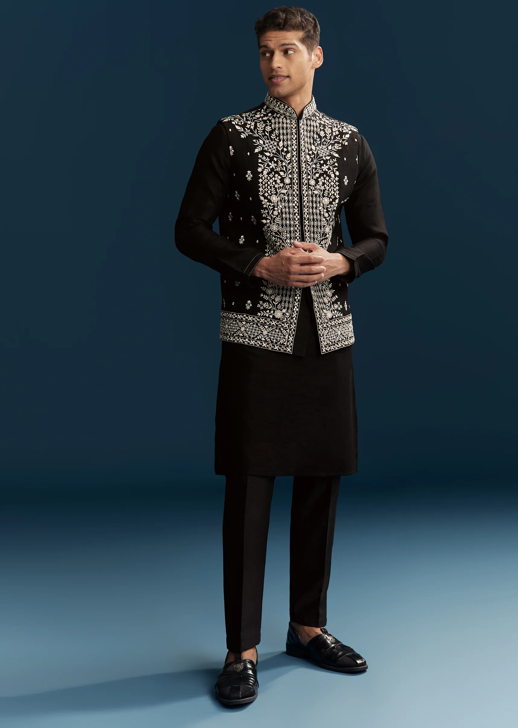 Black Silk Kurta Jacket Set For Men With Heavy Embroidery
