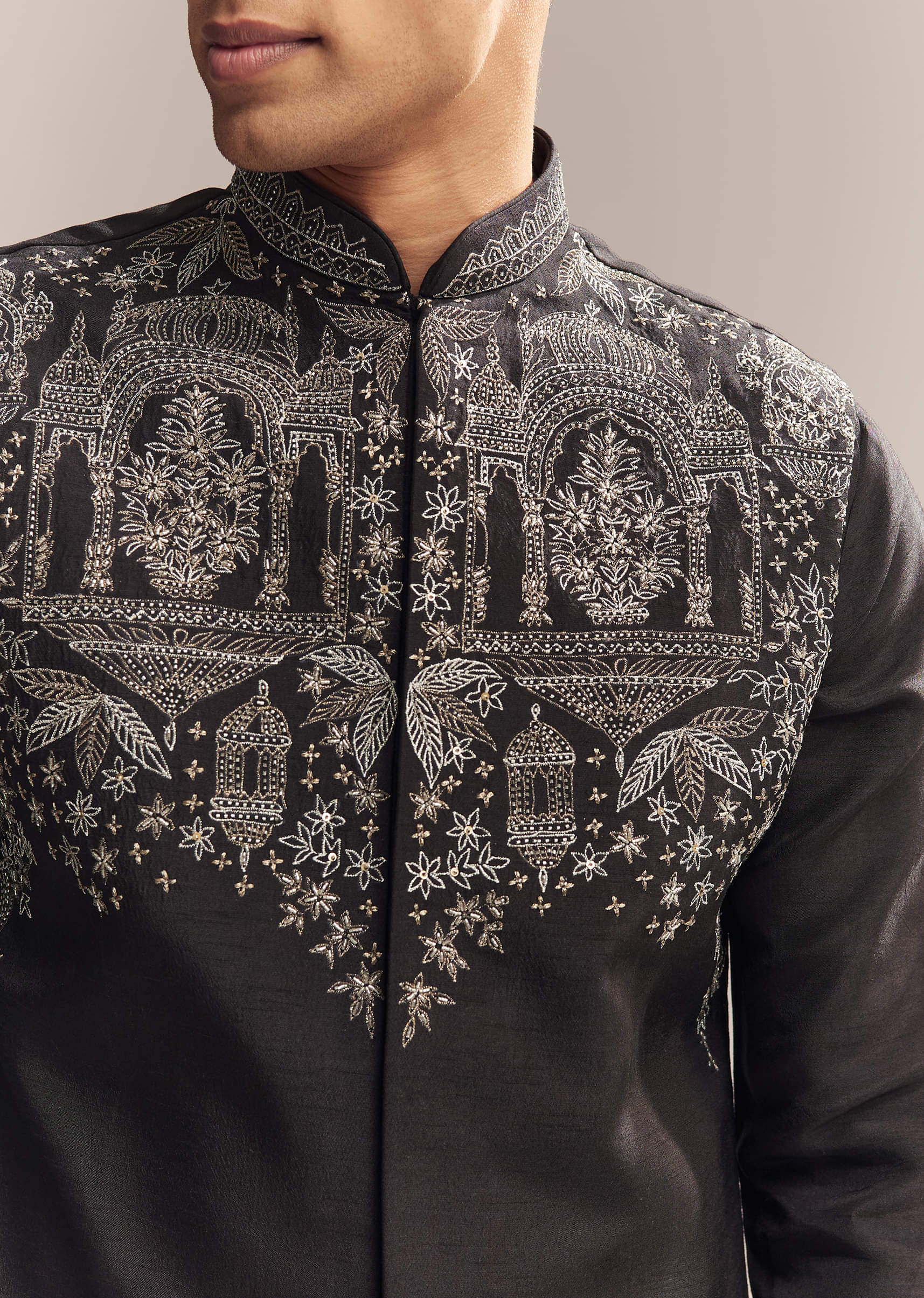 Black Silk Kurta Jacket Set For Men With Zari Cut Work - Image 2