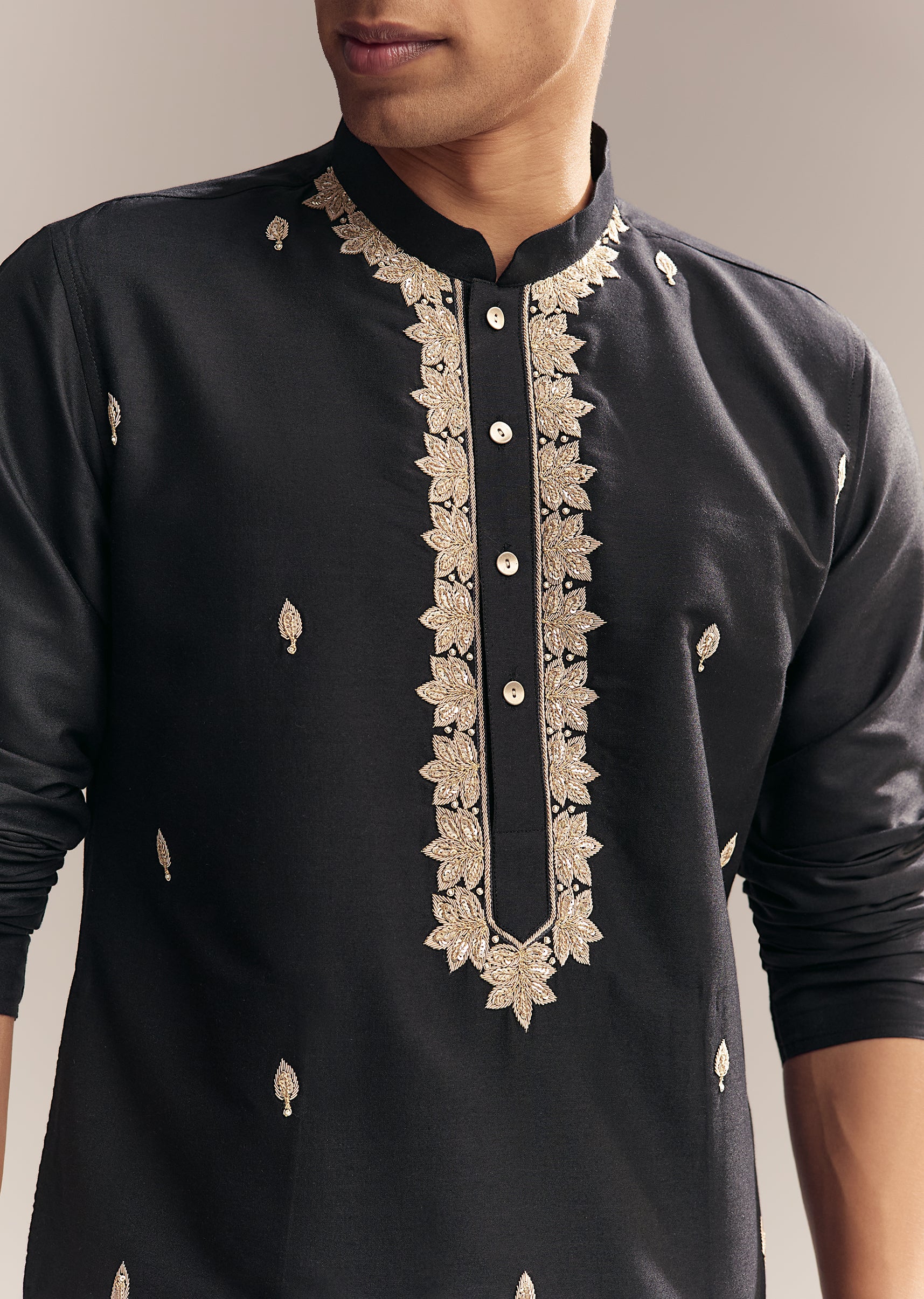 Black Silk Kurta Set For Men With Zardosi And Aari Work - Image 2