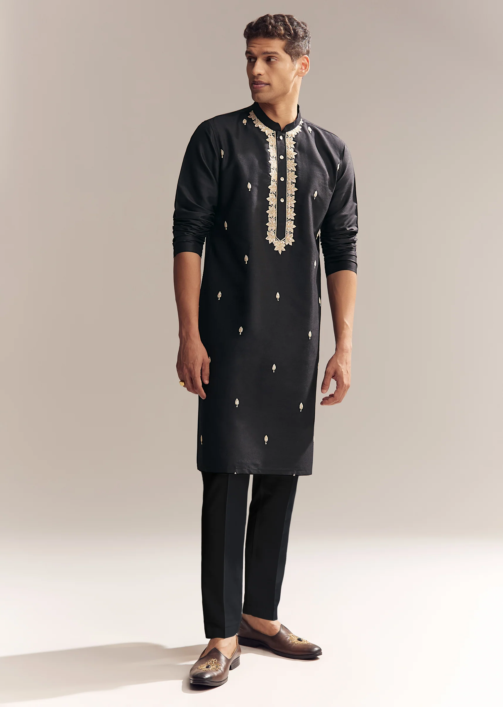 Black Silk Kurta Set For Men With Zardosi And Aari Work - Image 3