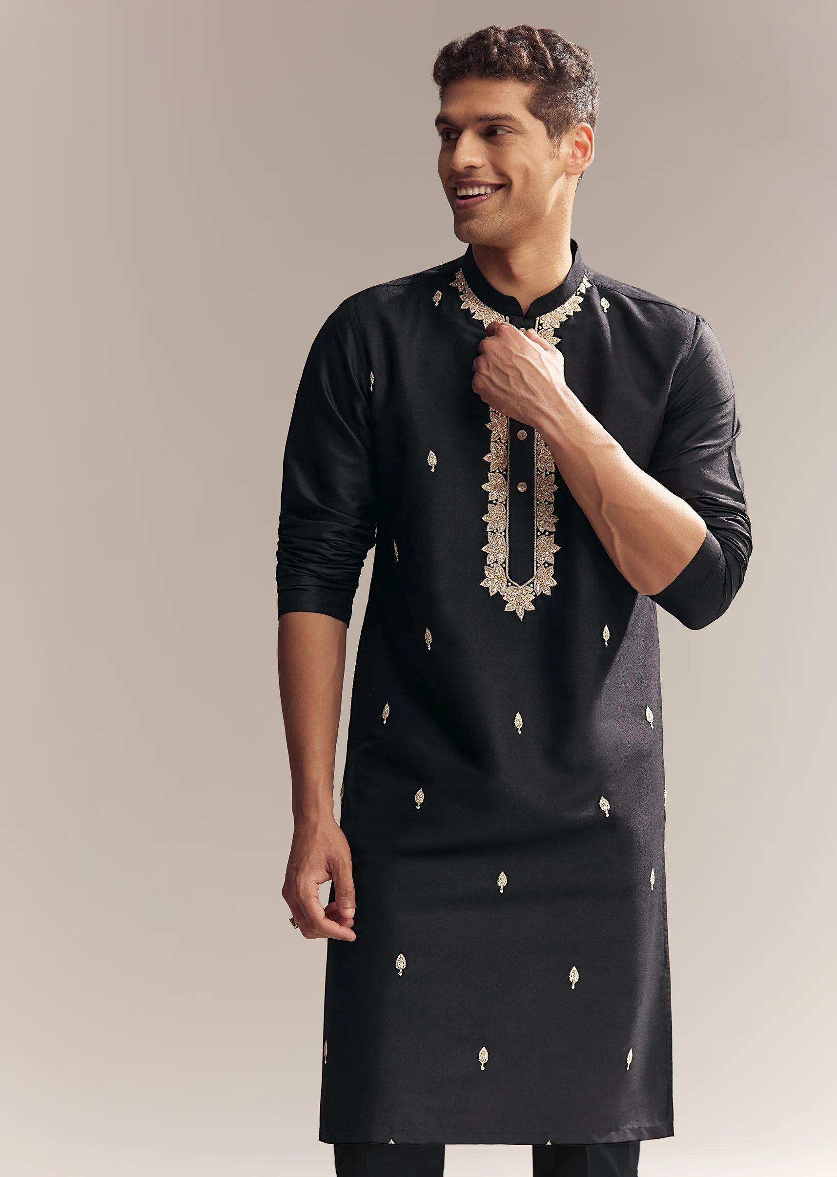 Black Silk Kurta Set For Men With Zardosi And Aari Work - Image 4