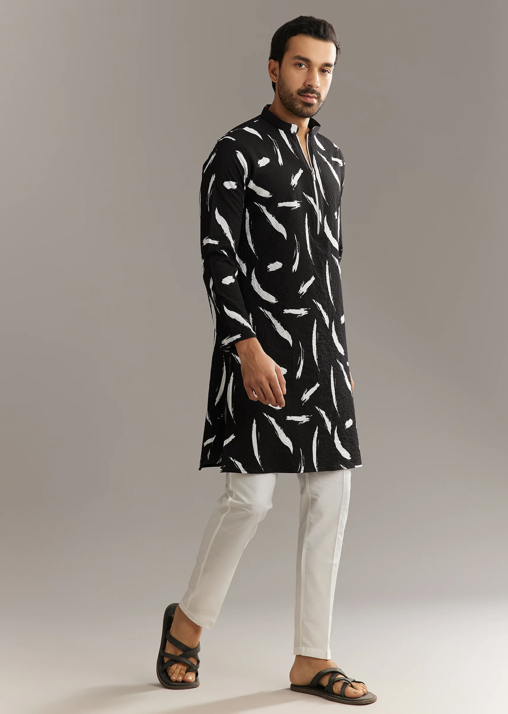 Black Silk Kurta Set With Abstract Prints
