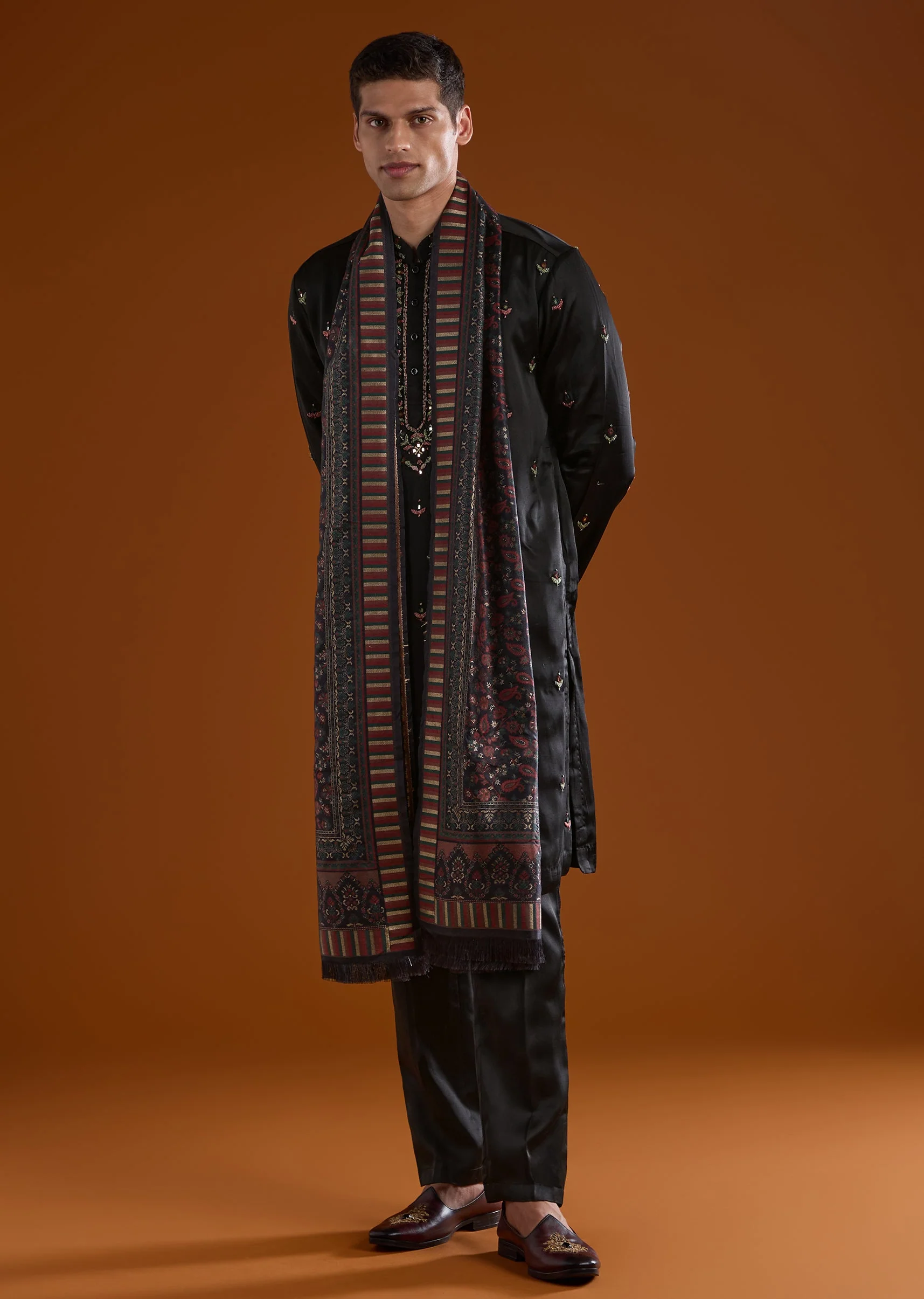 Black Silk Kurta Set With Dupatta And Thread And Mirror Work - Image 3