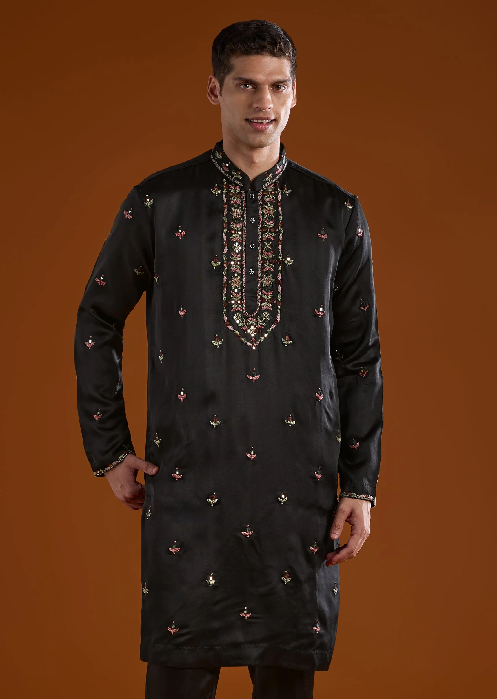 Black Silk Kurta Set With Dupatta And Thread And Mirror Work - Image 6