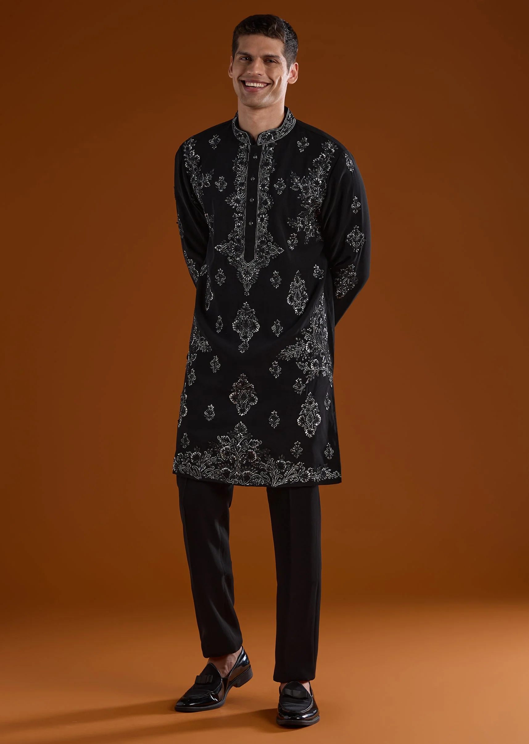 Black Silk Kurta Set With Thread And Cut Dana Work - Image 3
