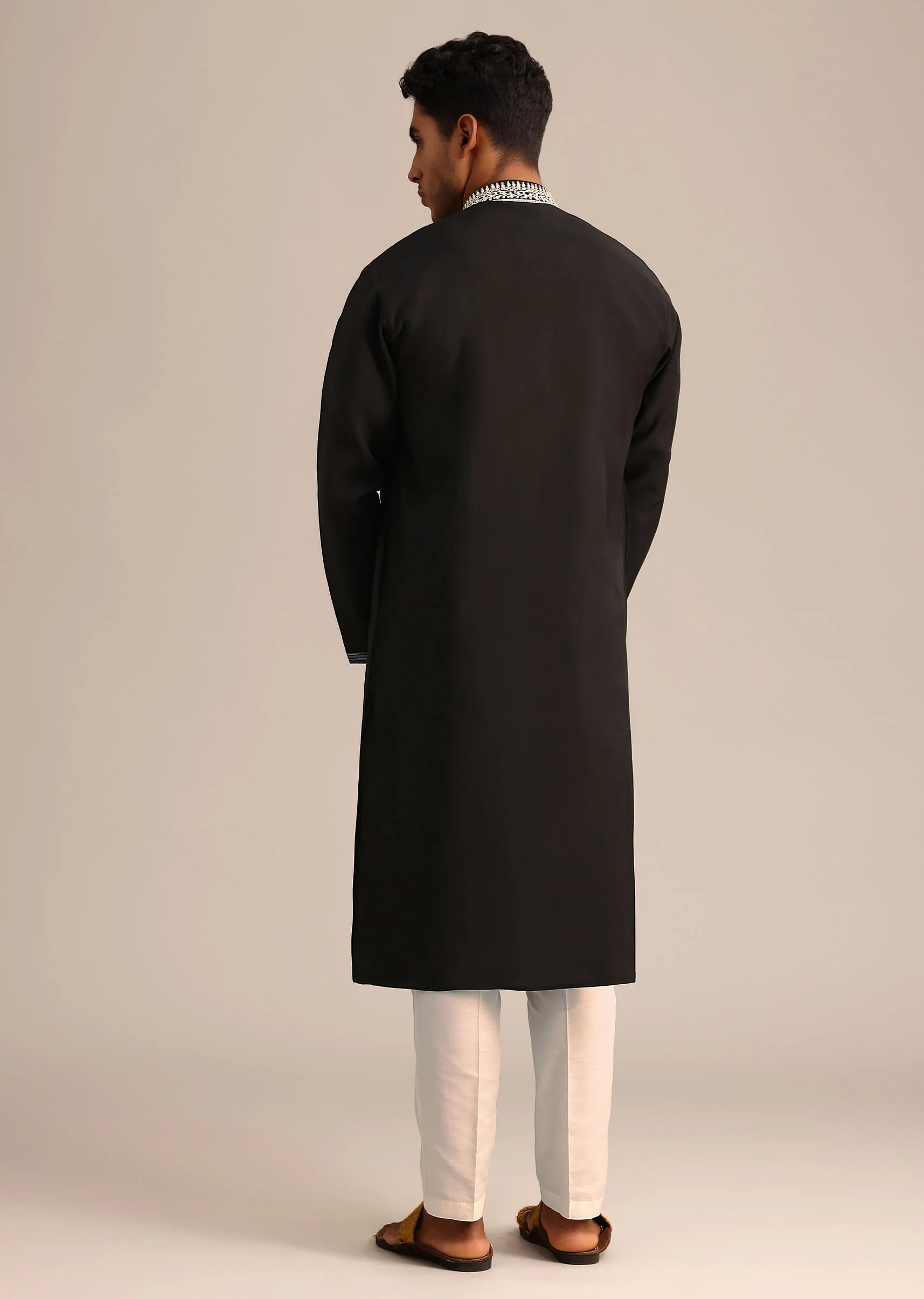 Black Silk Mandarin Collar Kurta Set With Embroidered Yoke - Image 5