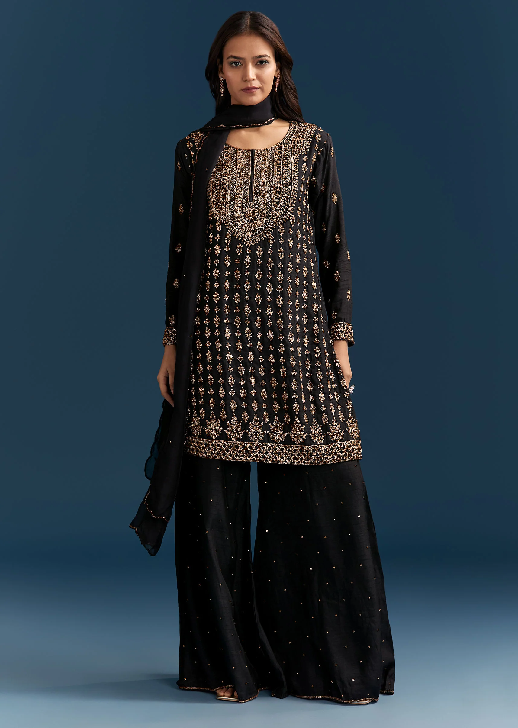 Black Silk Palazzo Suit With Embroidered Cut Dana Work And Dupatta - Image 4