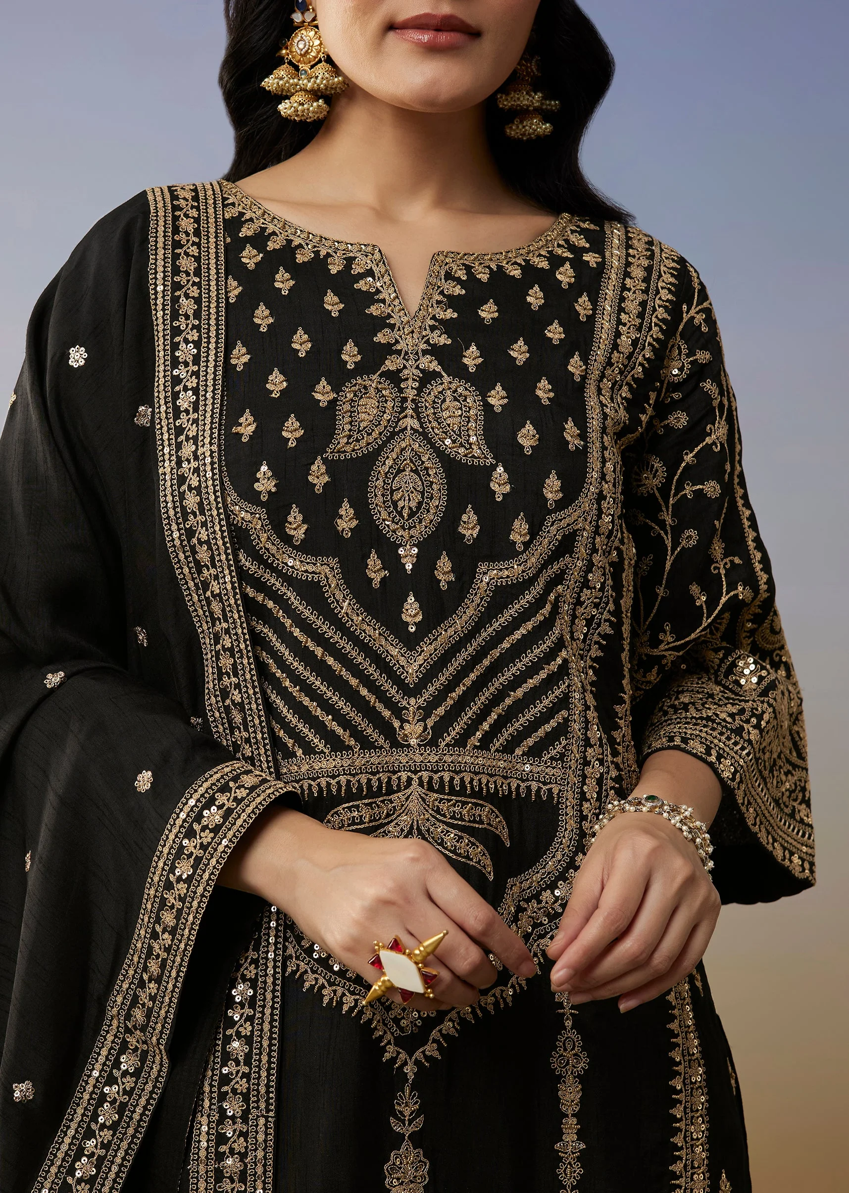 Black Silk Palazzo Suits with Zari Thread and Sequins Work - Image 2