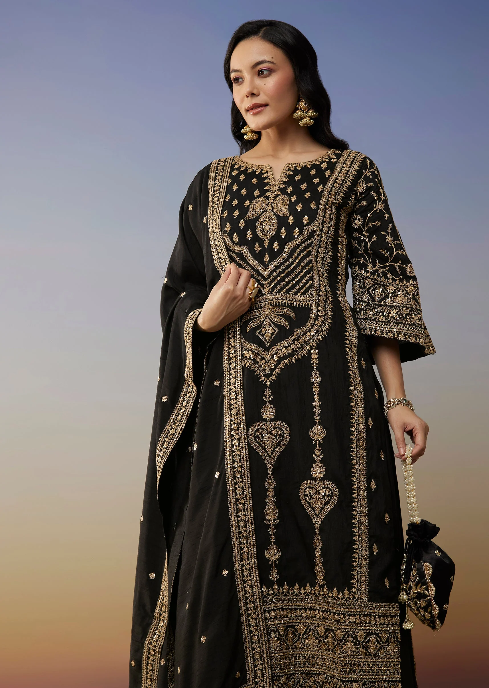 Black Silk Palazzo Suits with Zari Thread and Sequins Work - Image 4