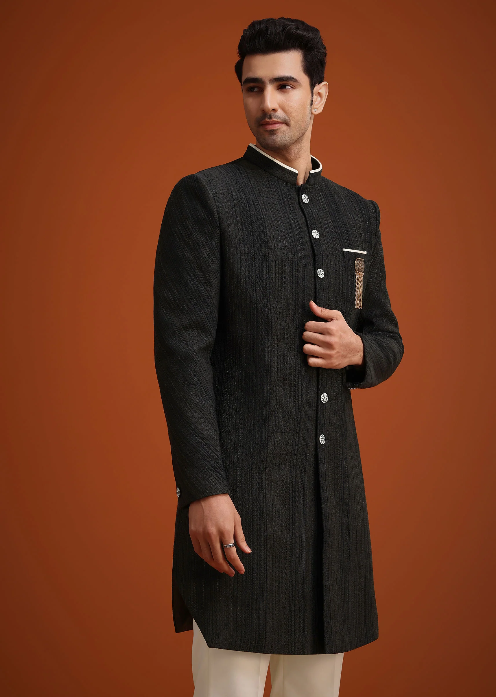 Black Silk Sherwani Set - Image 3