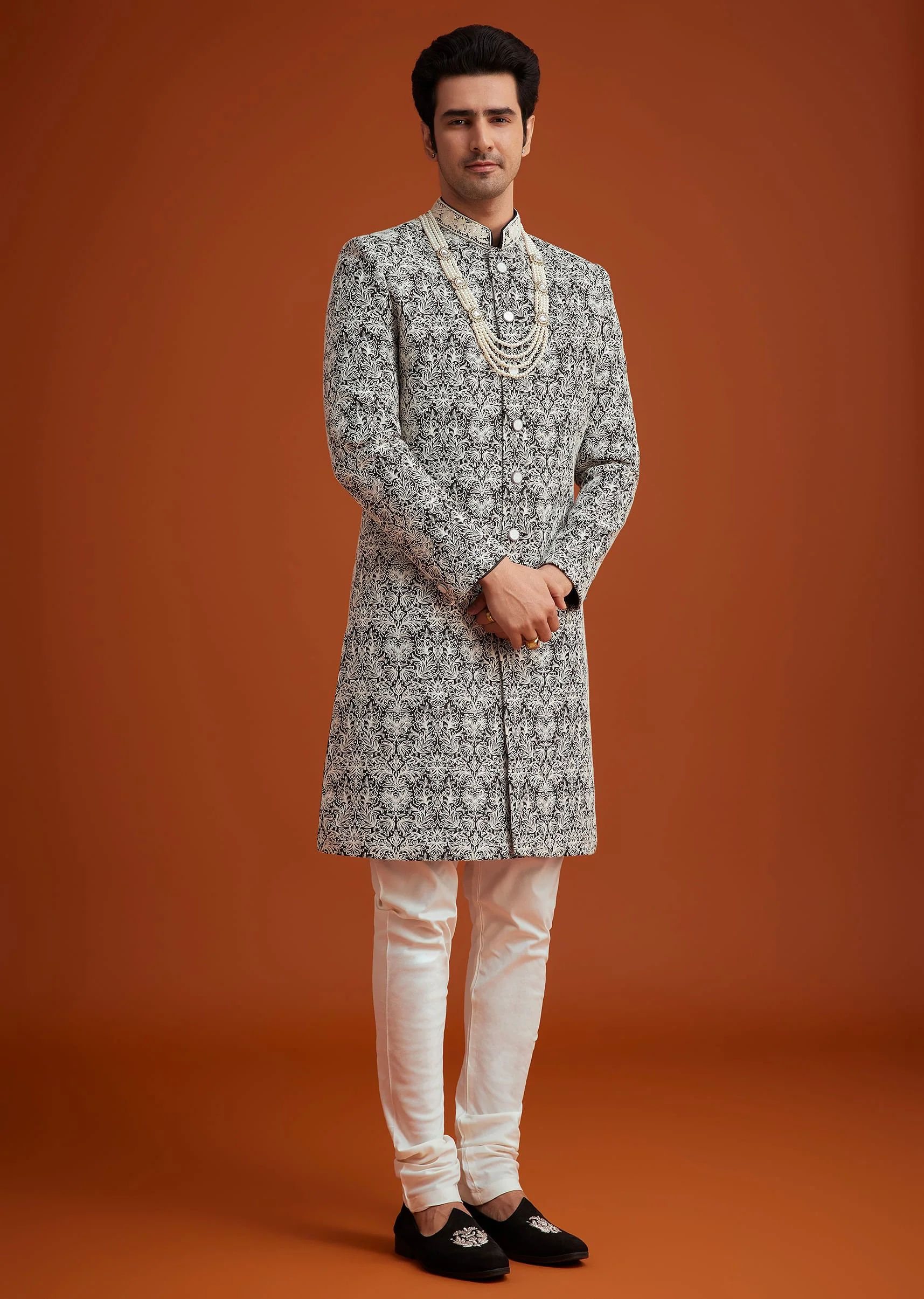 Black Silk Sherwani Set With Bead Work And Embroidery - Image 3