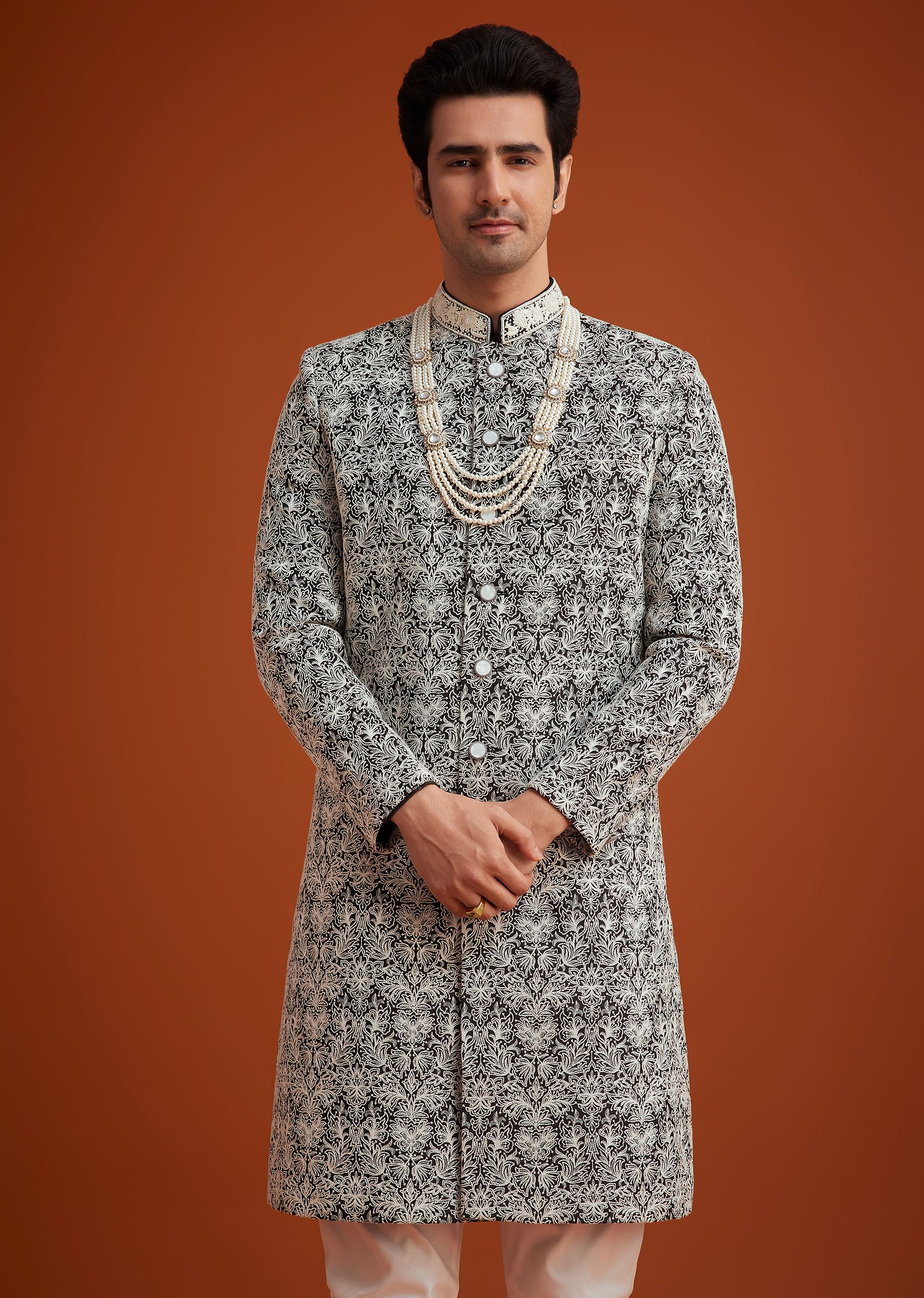Black Silk Sherwani Set With Bead Work And Embroidery - Image 4