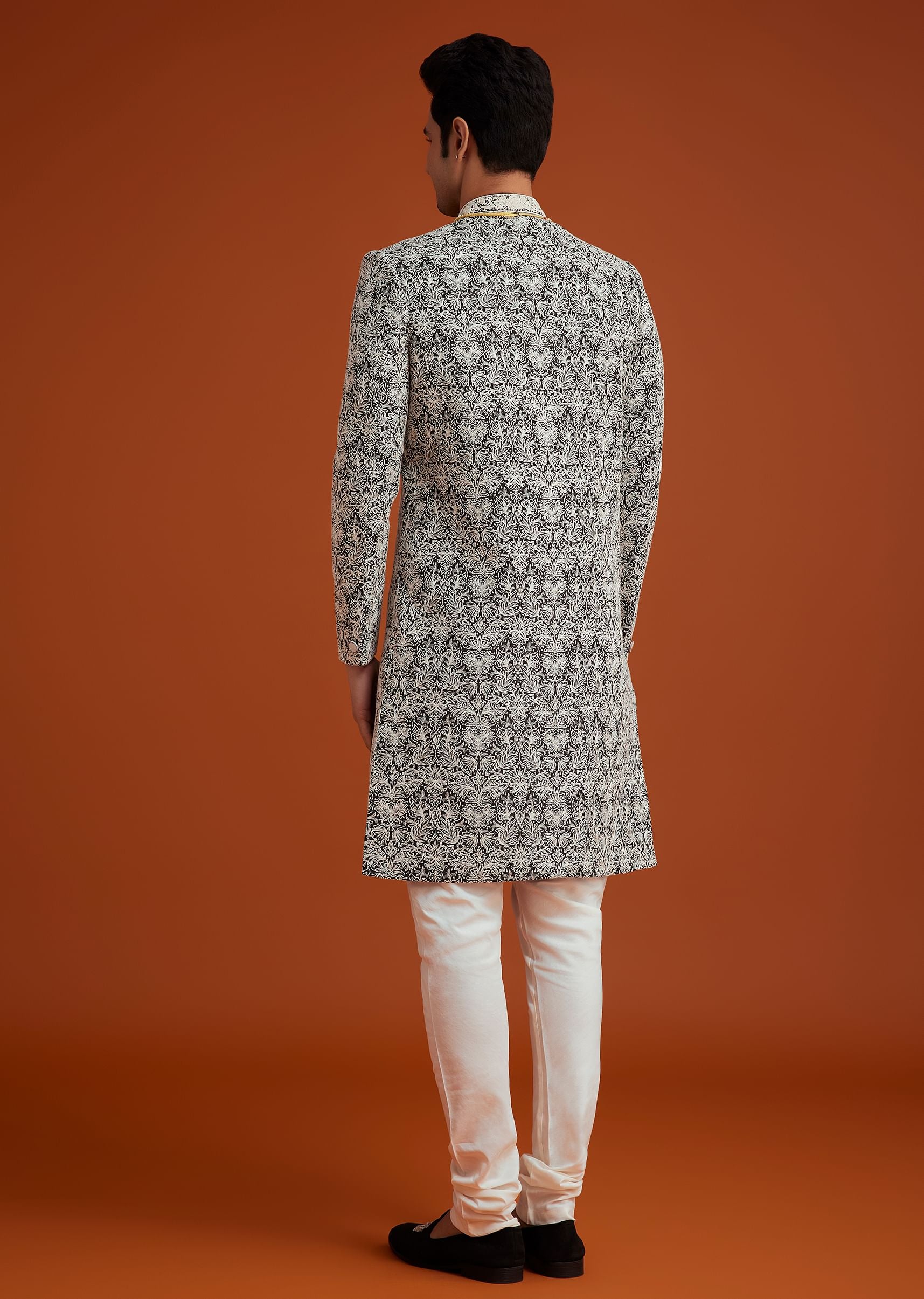 Black Silk Sherwani Set With Bead Work And Embroidery - Image 5