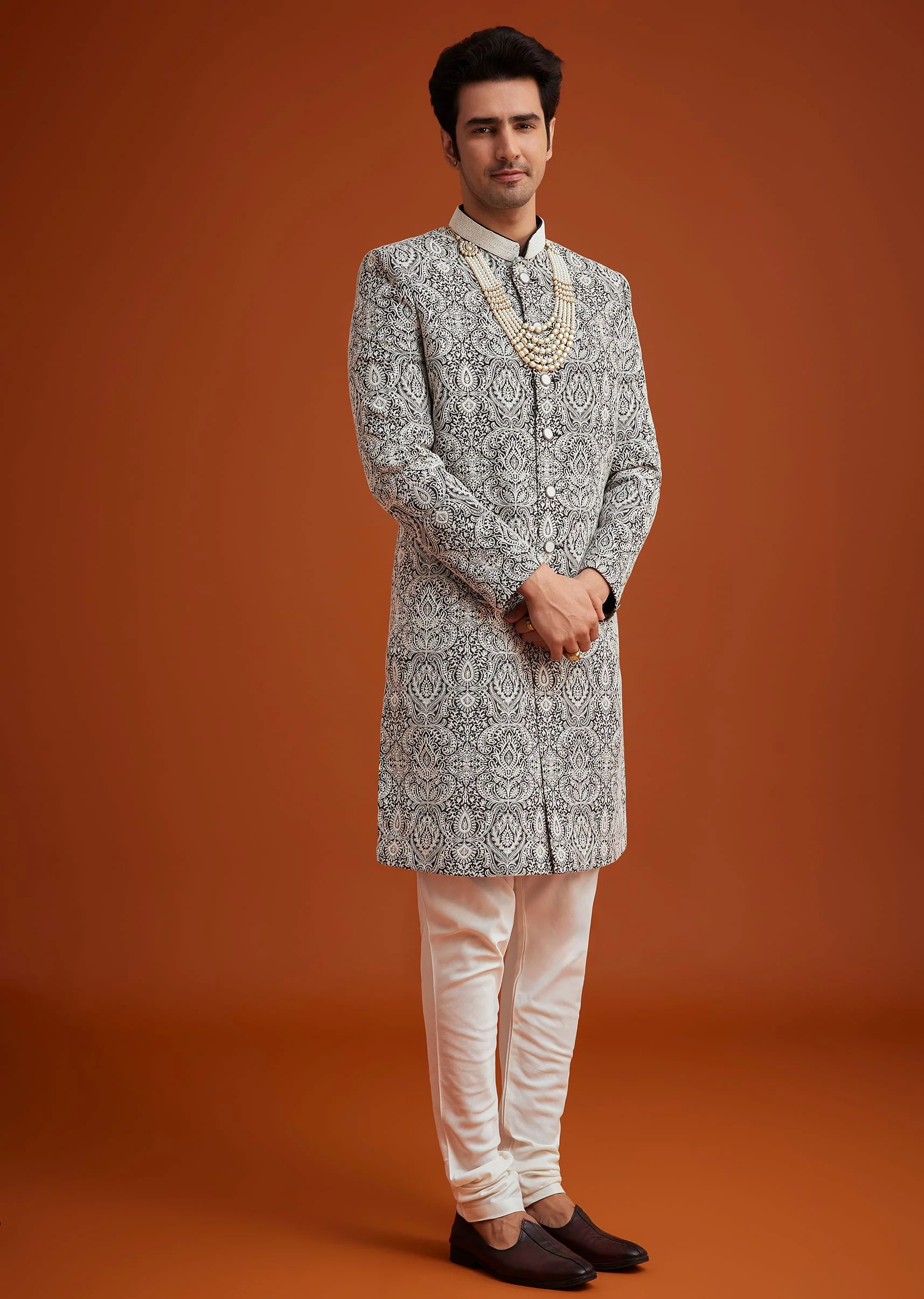 Black Silk Sherwani Set With Embroidery And Bead Work - Image 3