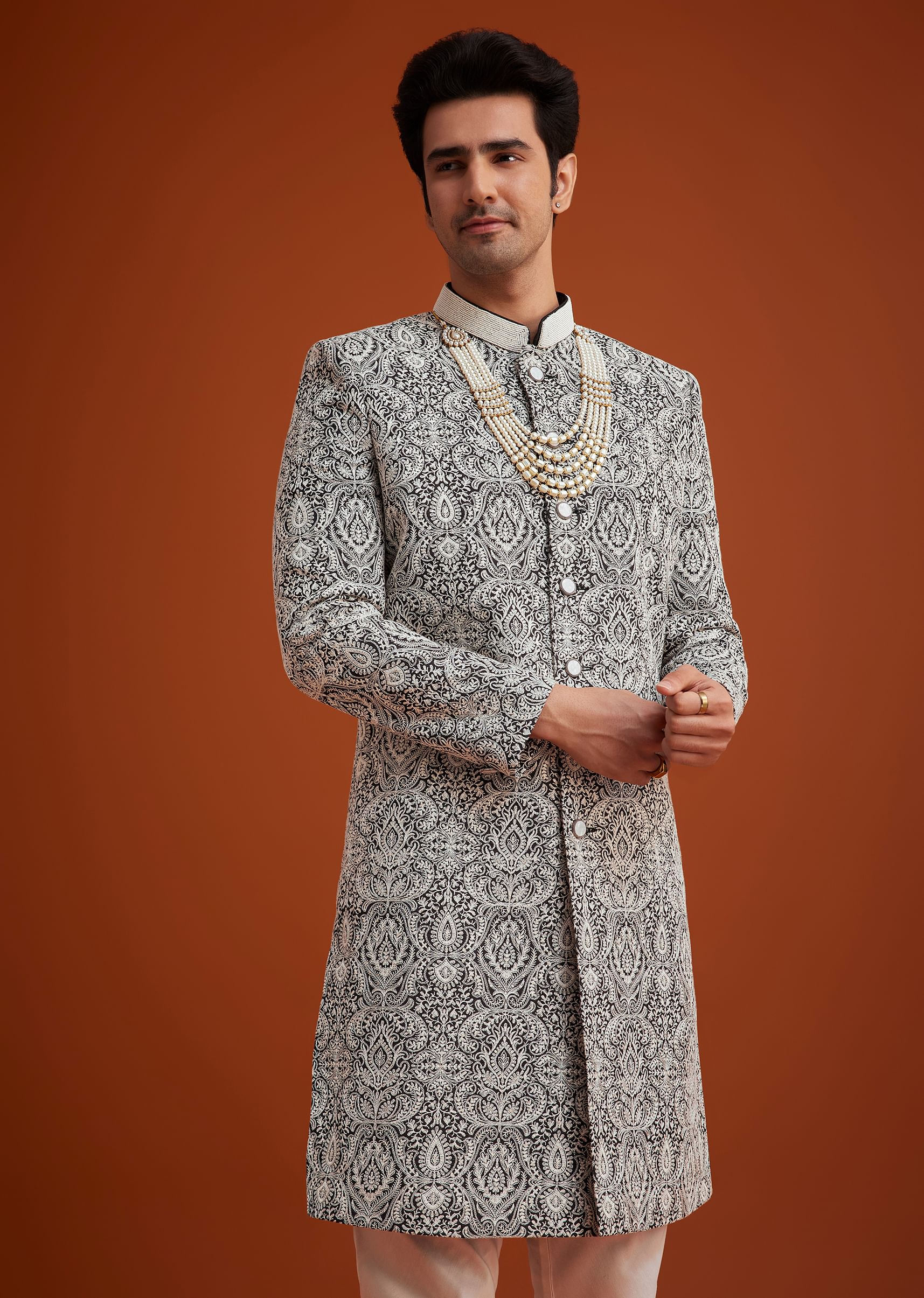 Black Silk Sherwani Set With Embroidery And Bead Work - Image 4