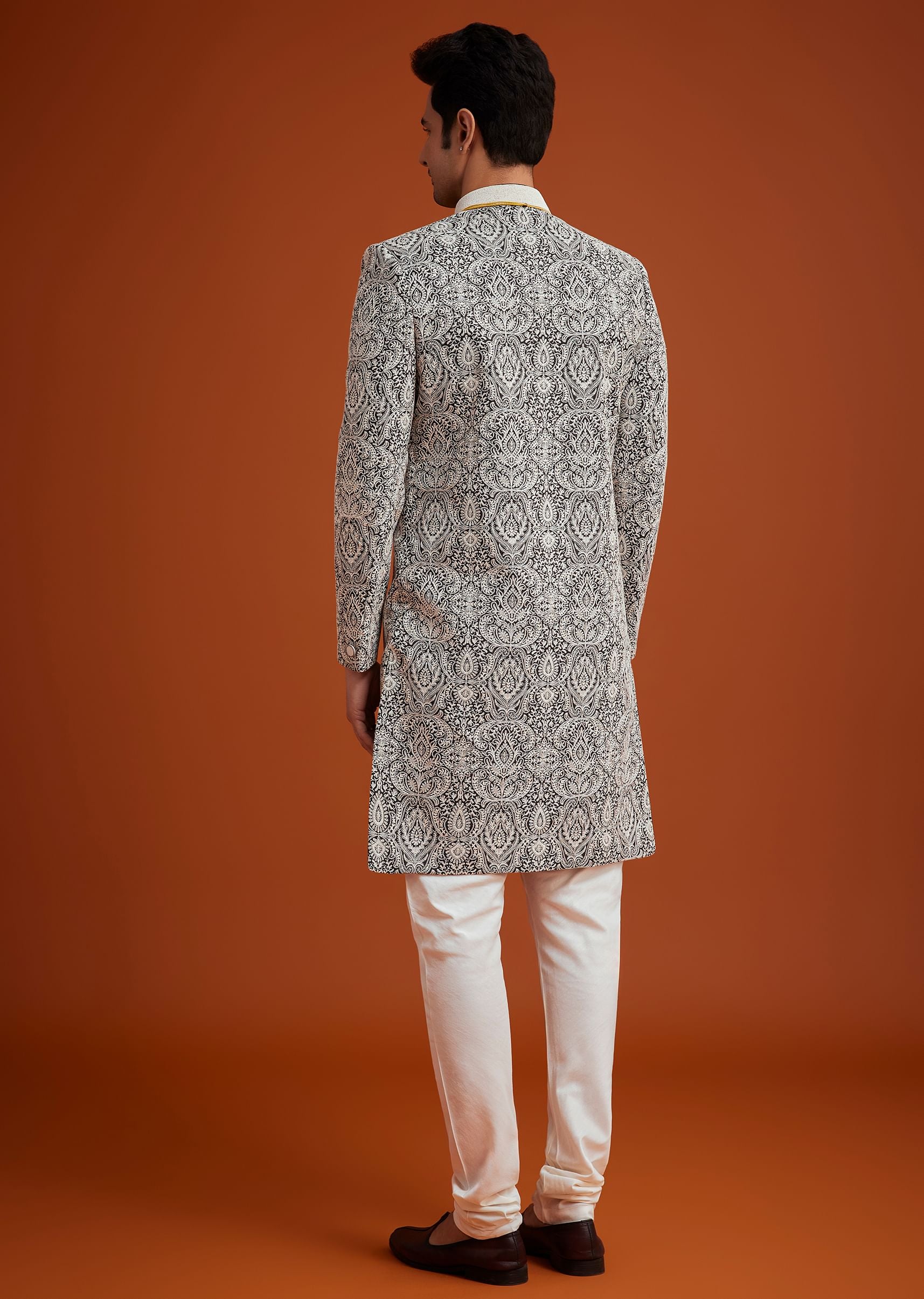 Black Silk Sherwani Set With Embroidery And Bead Work - Image 5