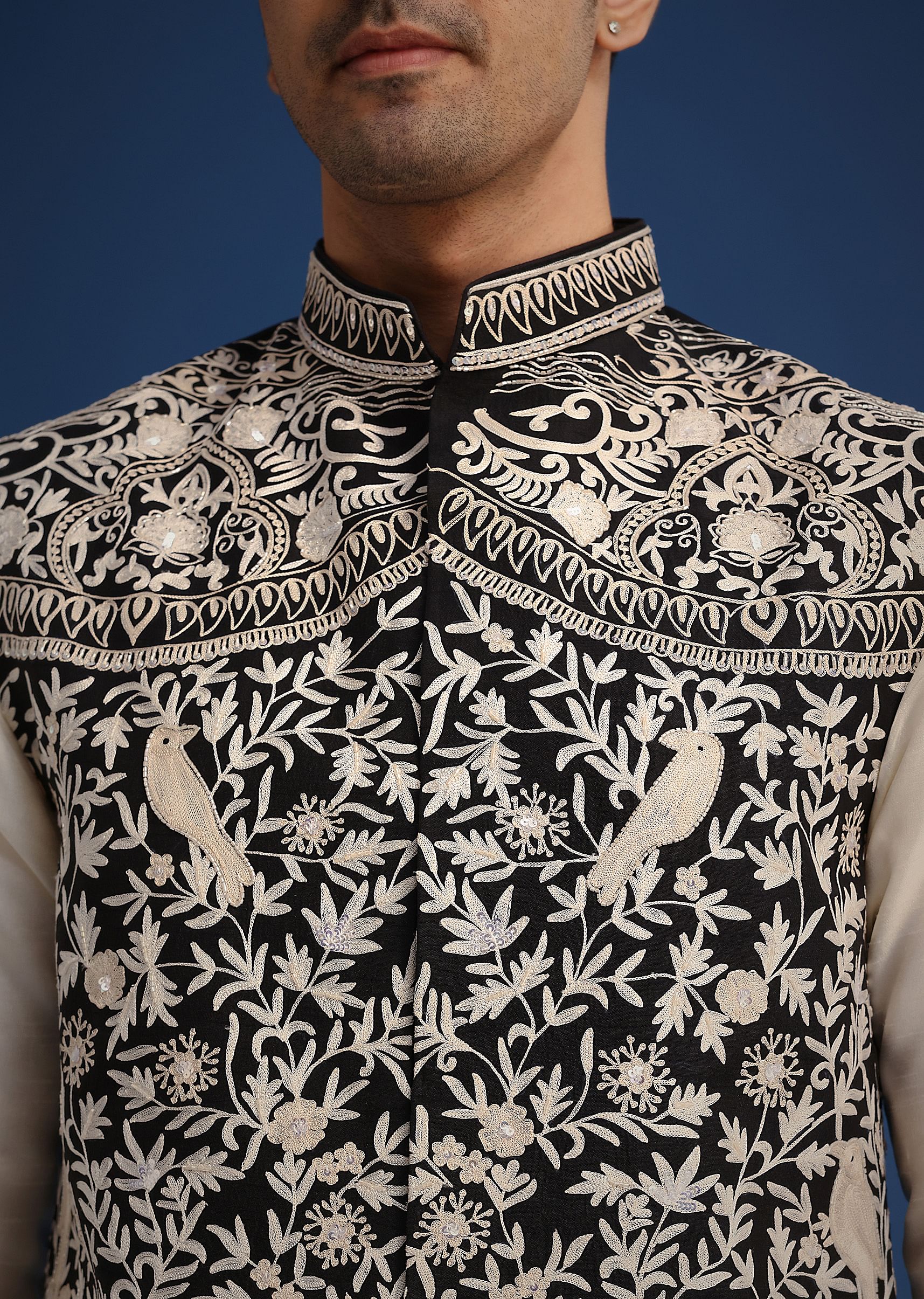 Black Silk Thread Work Jacket And Kurta Set - Image 2