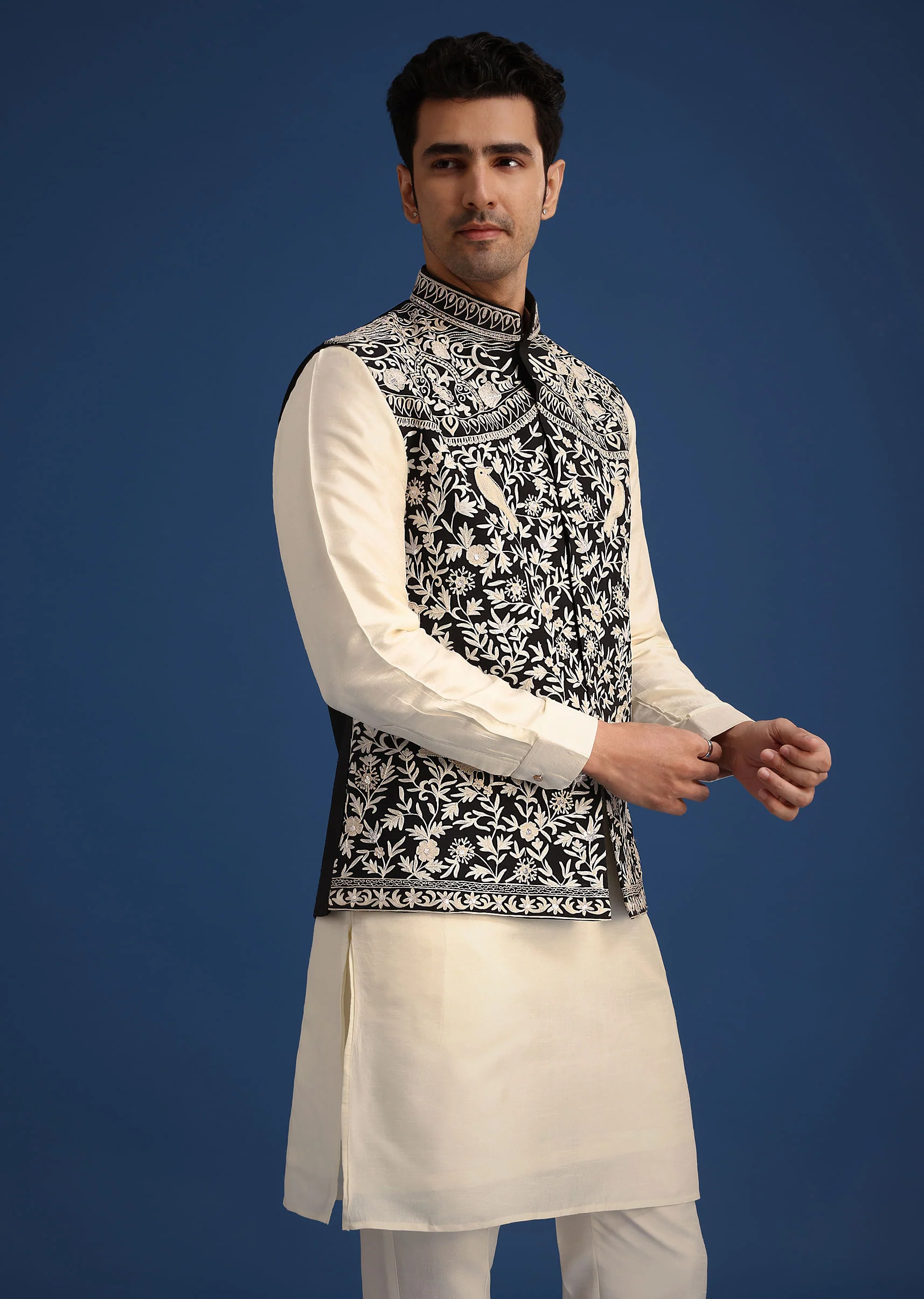Black Silk Thread Work Jacket And Kurta Set - Image 4