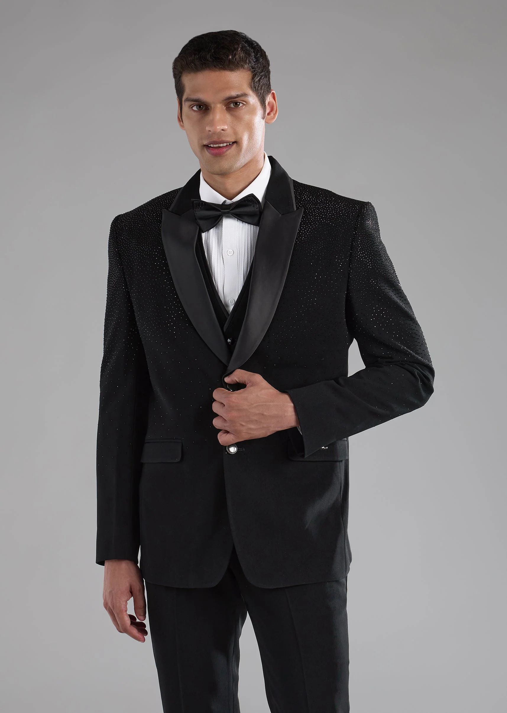 Black Stone Embellished Tuxedo and Bow Set - Image 3