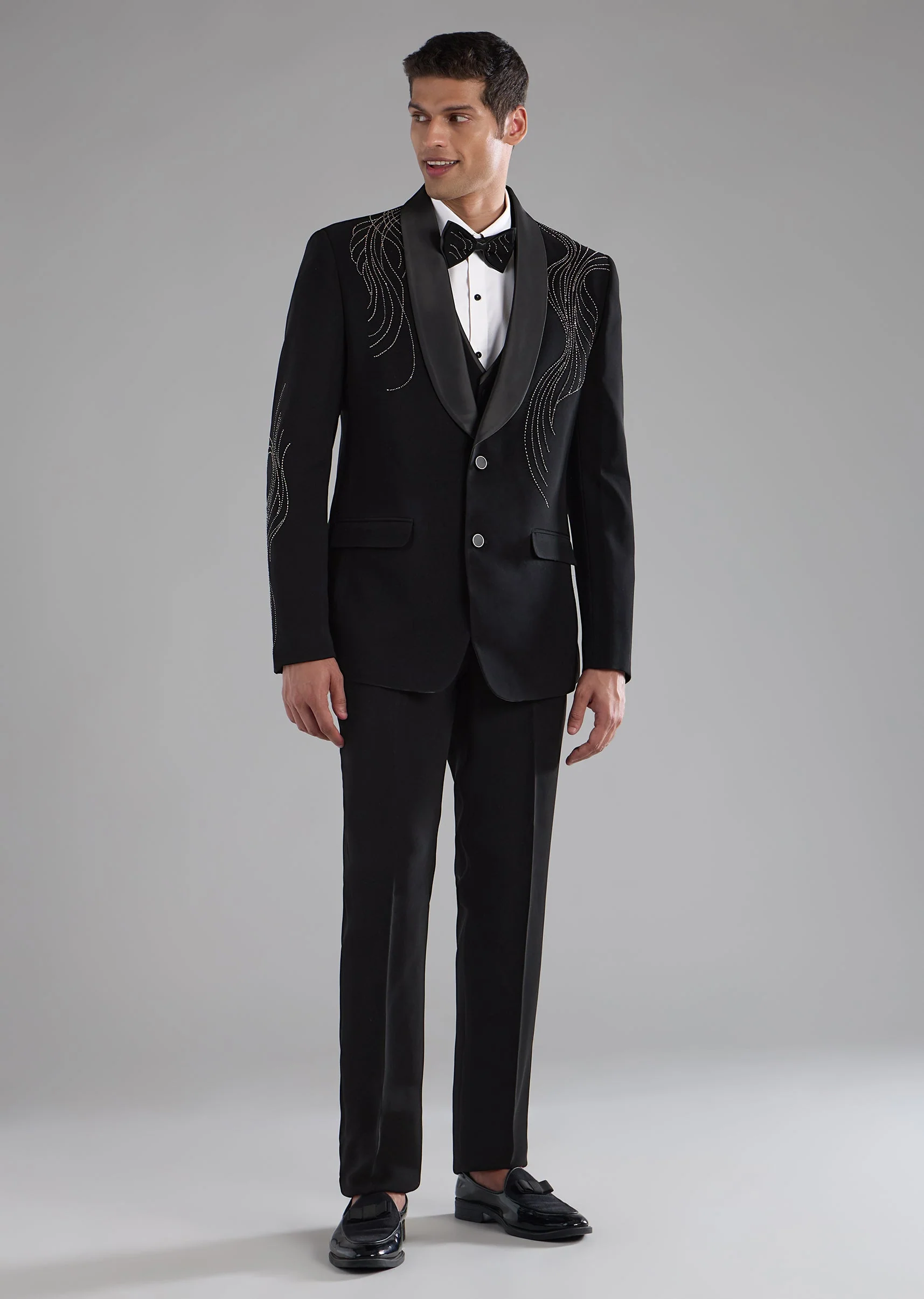Black Stone Embellished Tuxedo and Bow Tie Set - Image 2