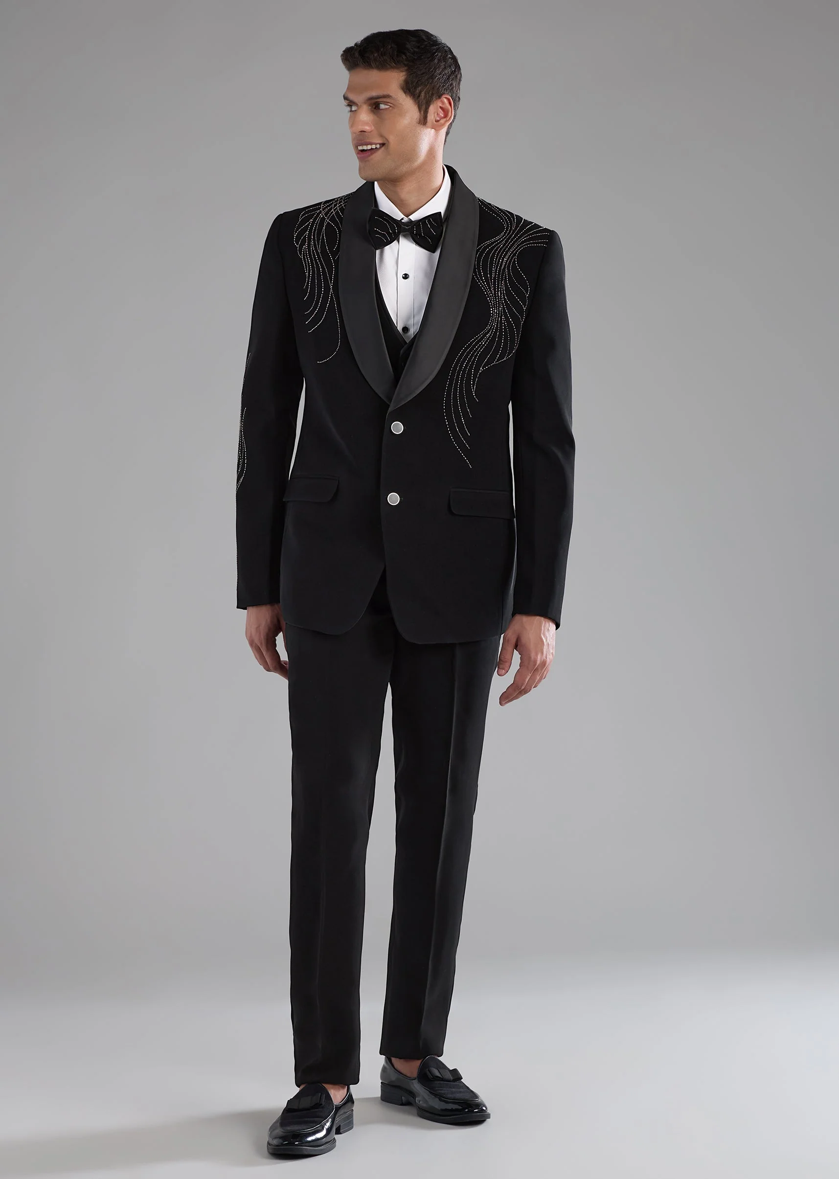 Black Stone Embellished Tuxedo and Bow Tie Set - Image 4