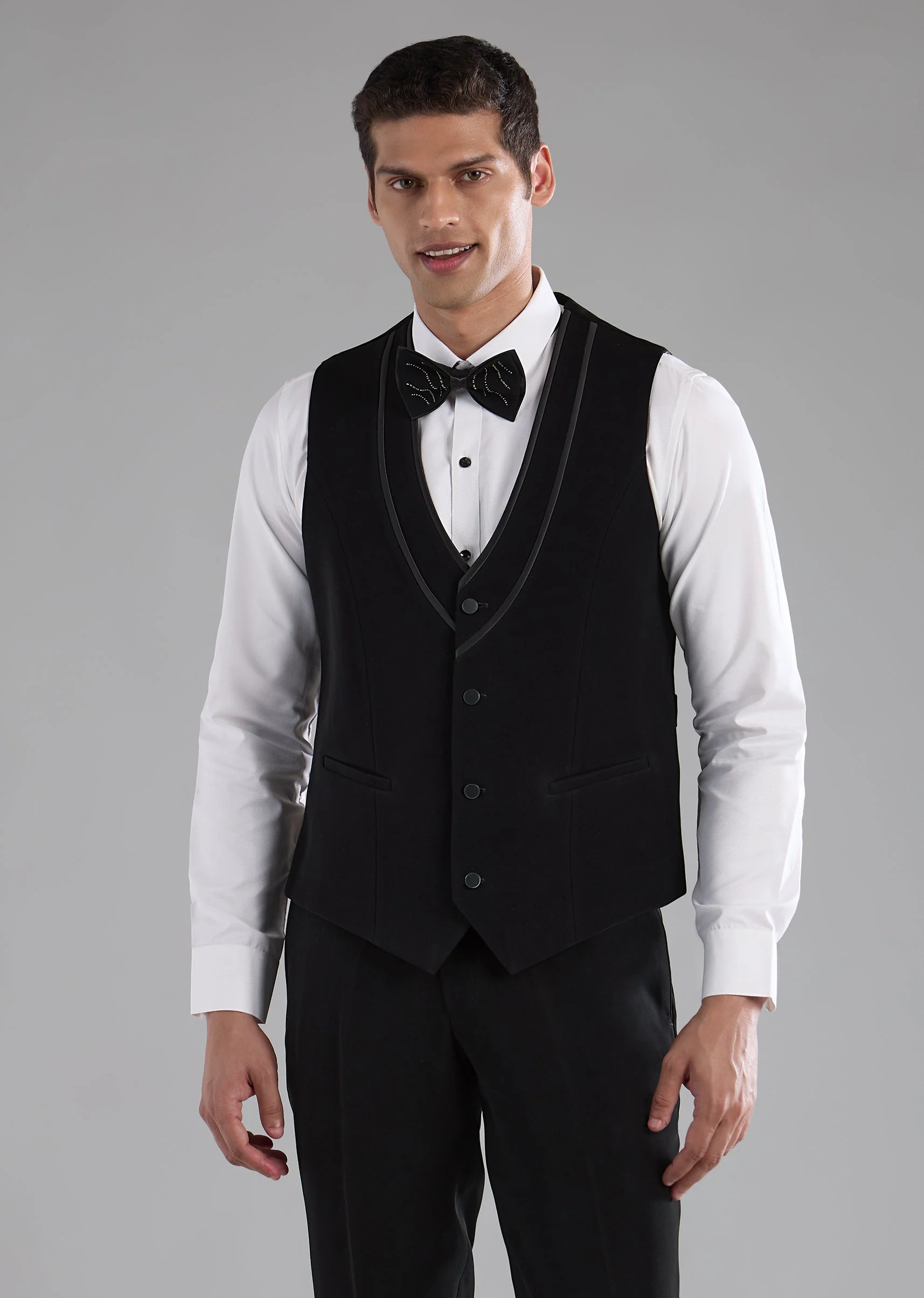 Black Stone Embellished Tuxedo and Bow Tie Set - Image 6