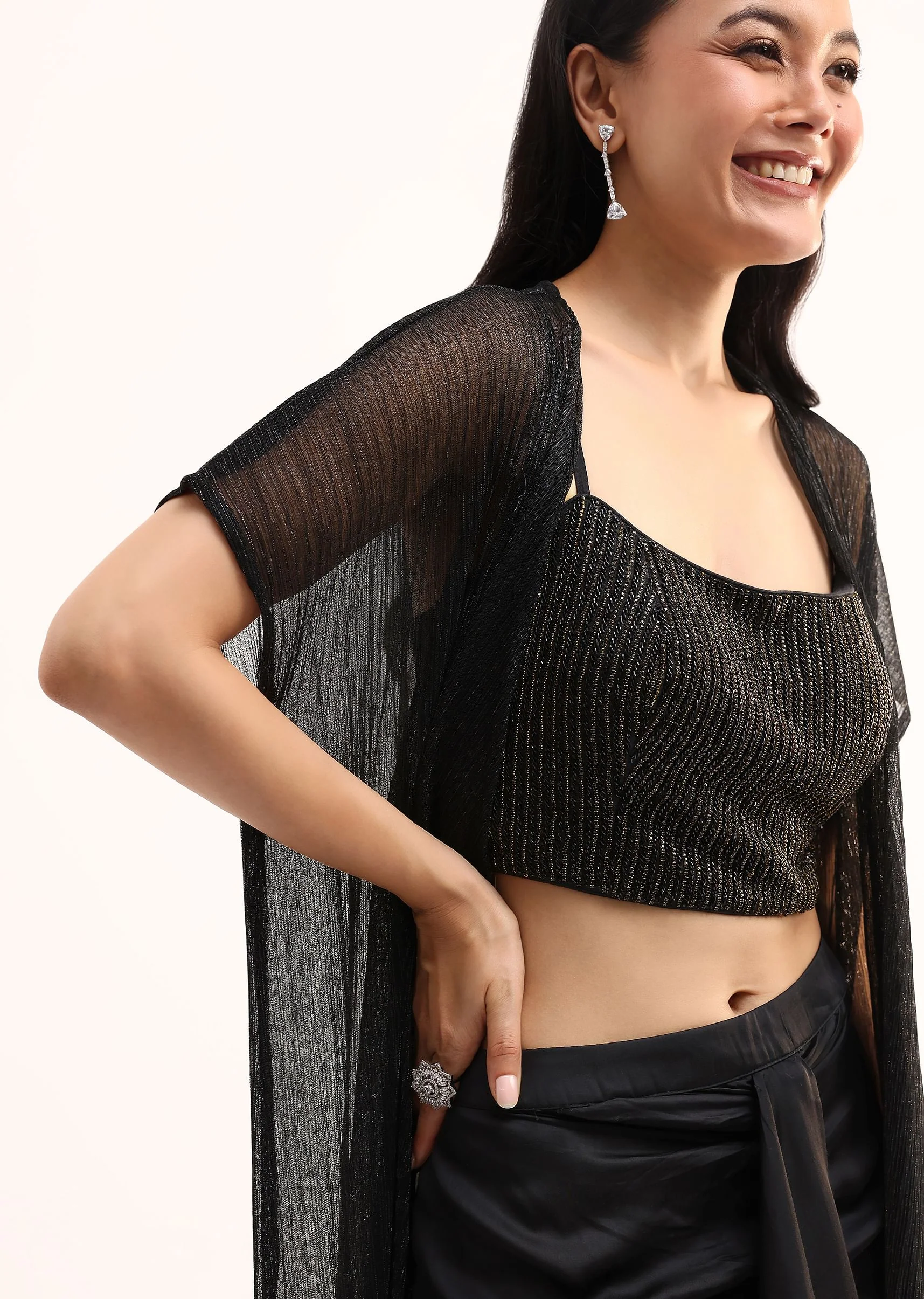 Black Stone Embroidered Silk Crop Top Set With Jacket - Image 2