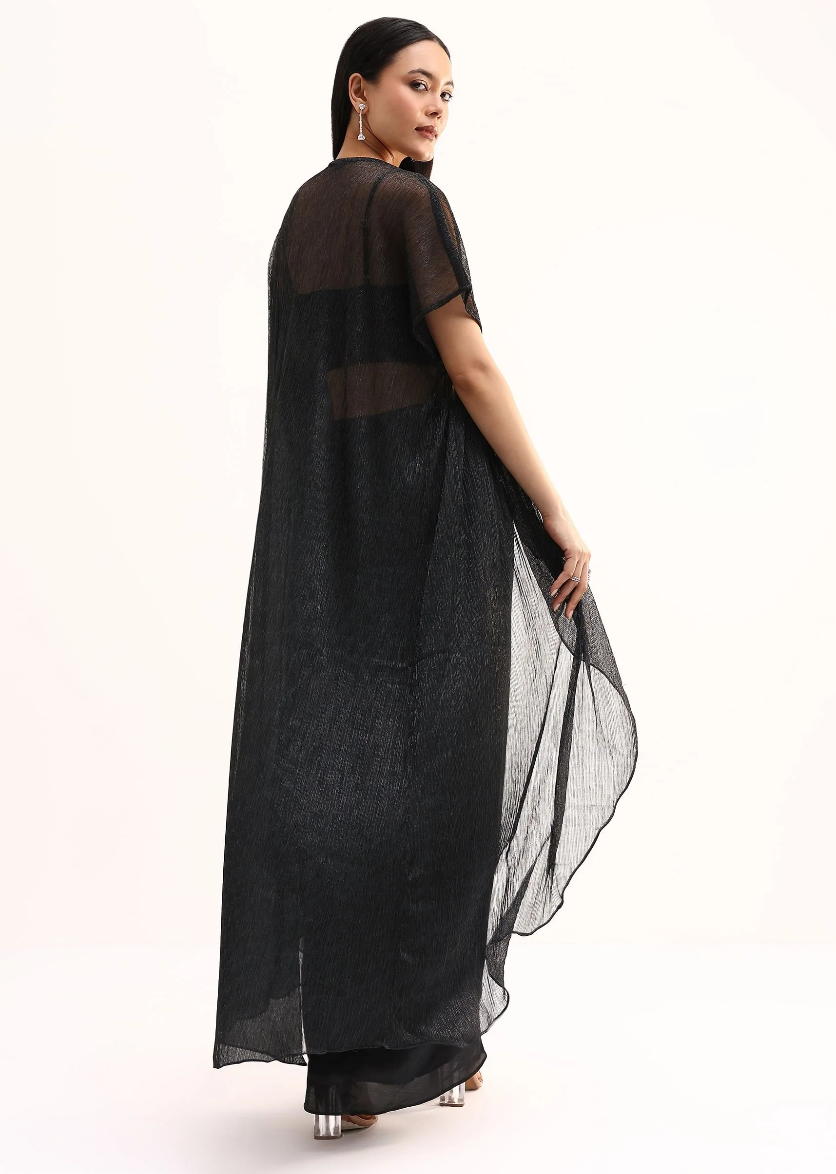 Black Stone Embroidered Silk Crop Top Set With Jacket - Image 5