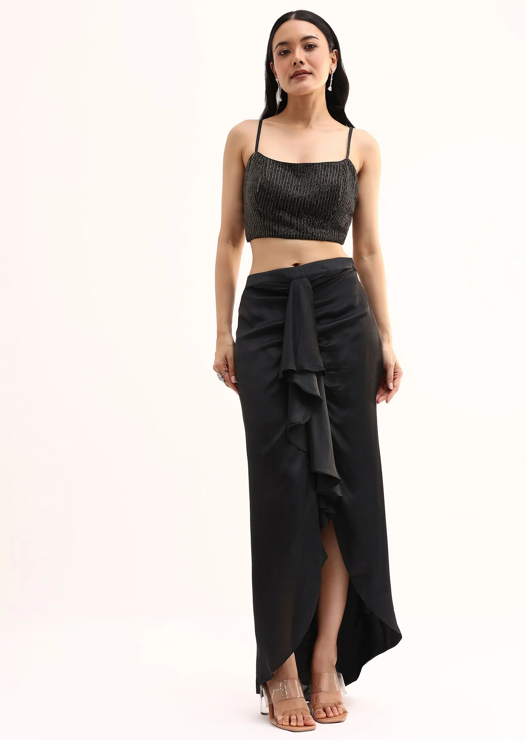 Black Stone Embroidered Silk Crop Top Set With Jacket - Image 6