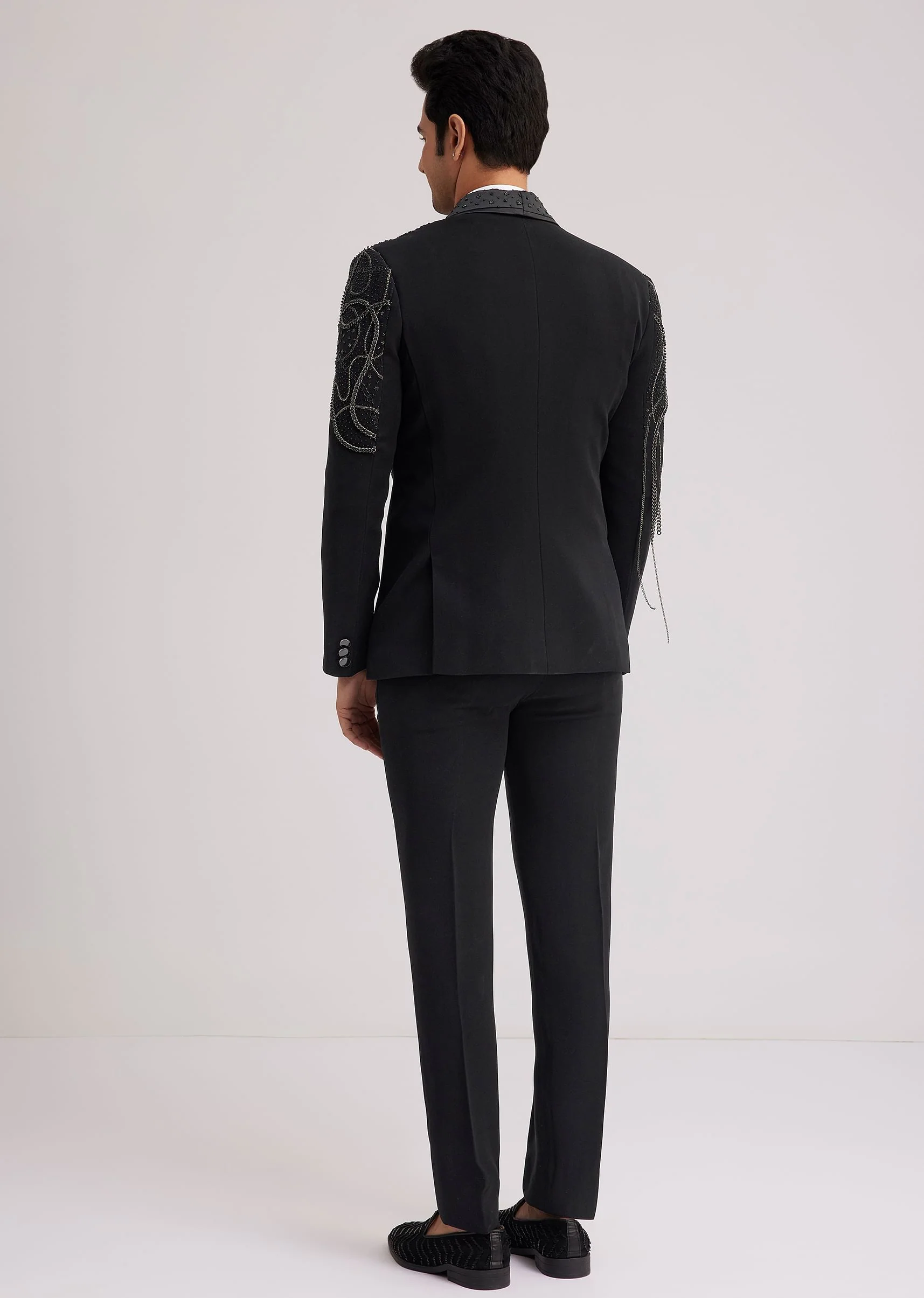 Black Suiting Tuxedo With Metallic Chain And Stone Work - Image 6