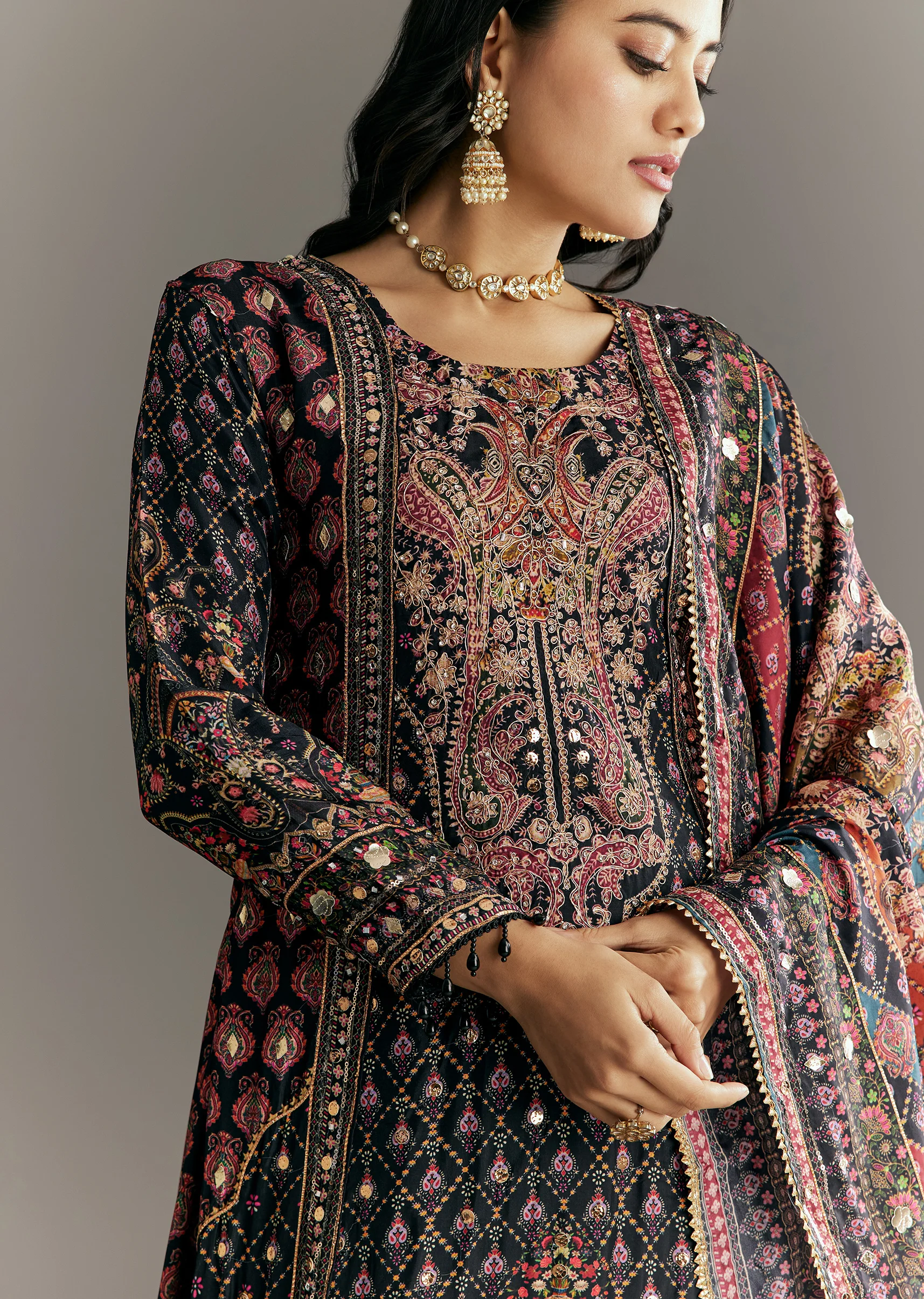 Black Tabby Silk Zari Embroidered Kurta Palazzo With Printed Dupatta - Image 2