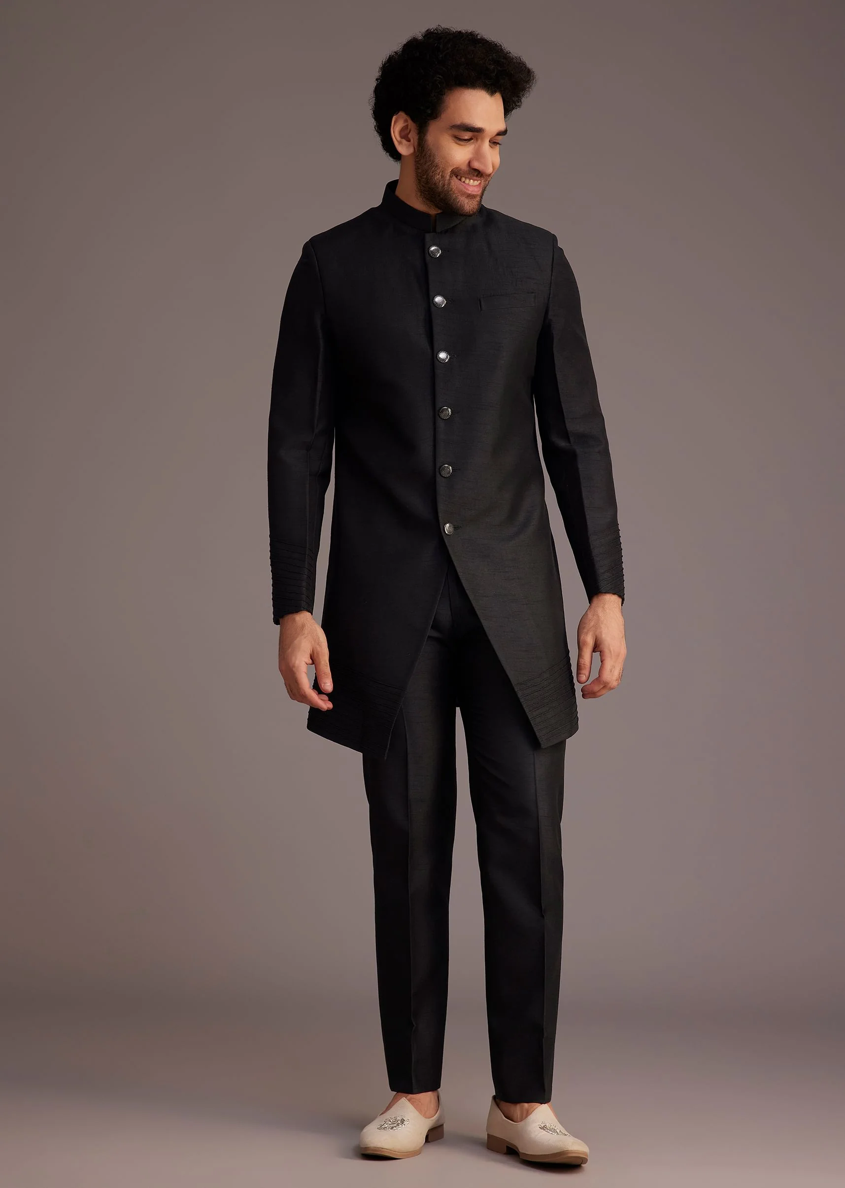 Black Textured Bandhgala With Embellished Full Sleeve Jacket - Image 5