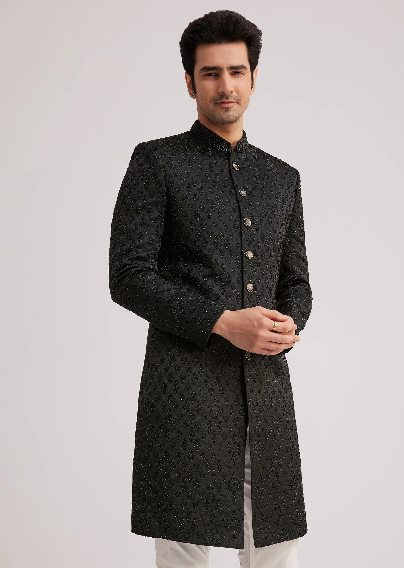 Black Textured Sherwani With Classic Button Detailing
