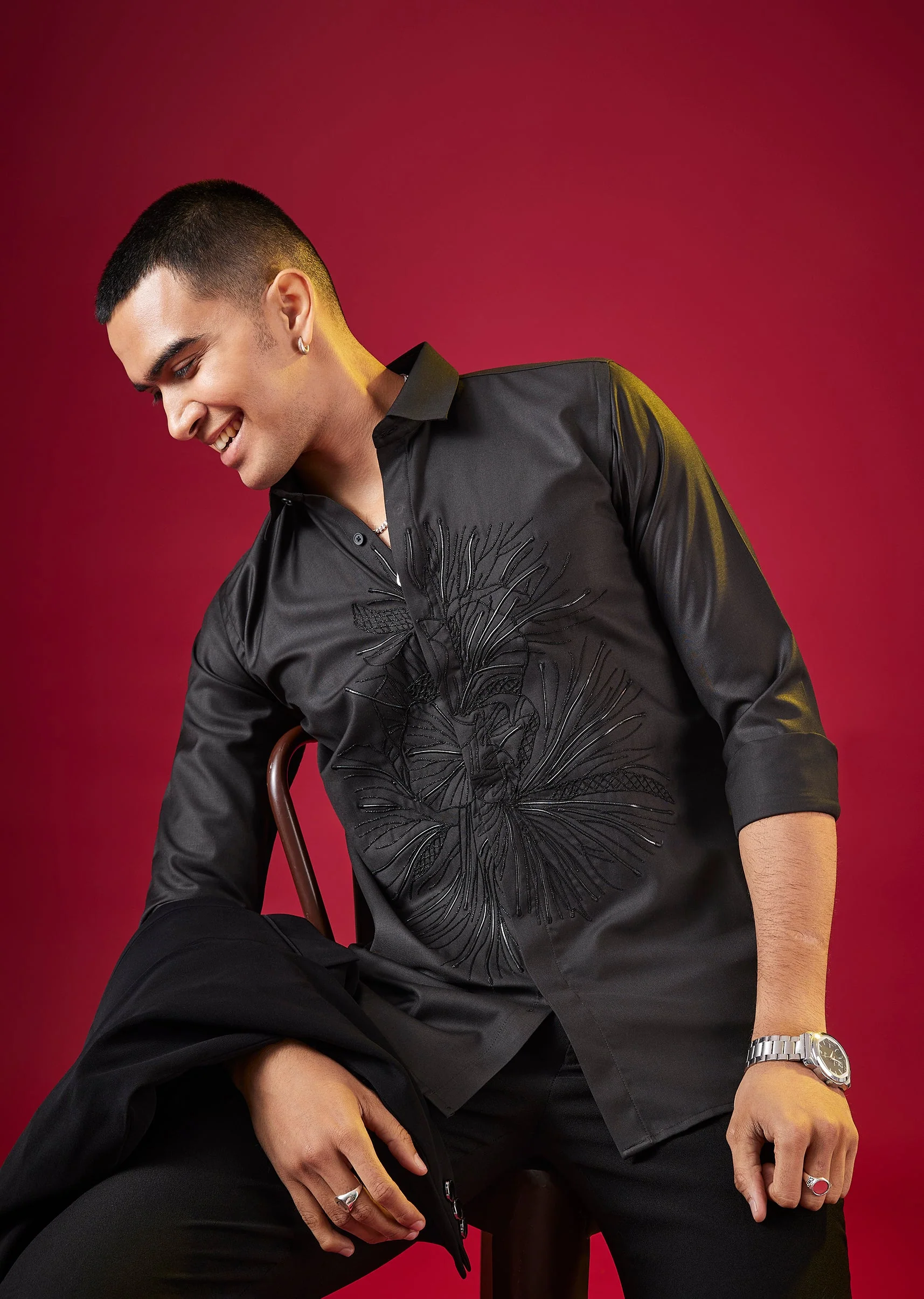 Black Thread And Resham Embroidered Mens Shirt - Image 3