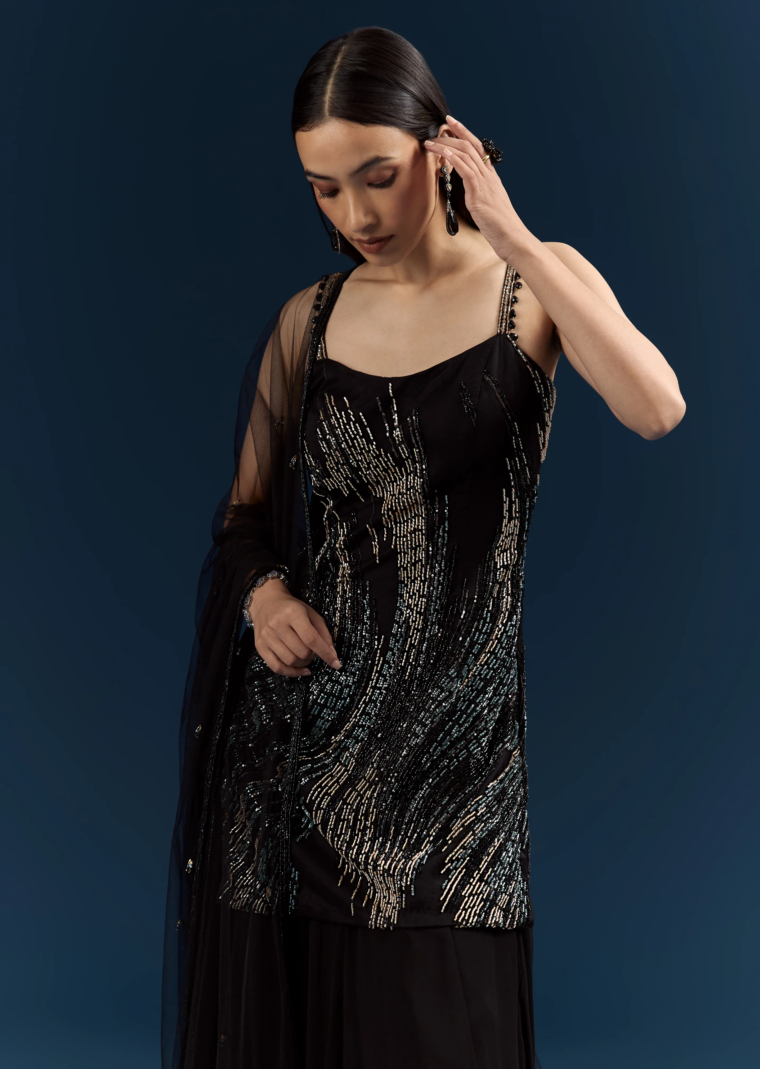 Black Tie Evening Glamour Couple Set – Black Sequins Sharara Suit with Cutdana Embroidery for Her And Black Jacquard Indo-Western Set with Embroidered Stole for Him - Image 2