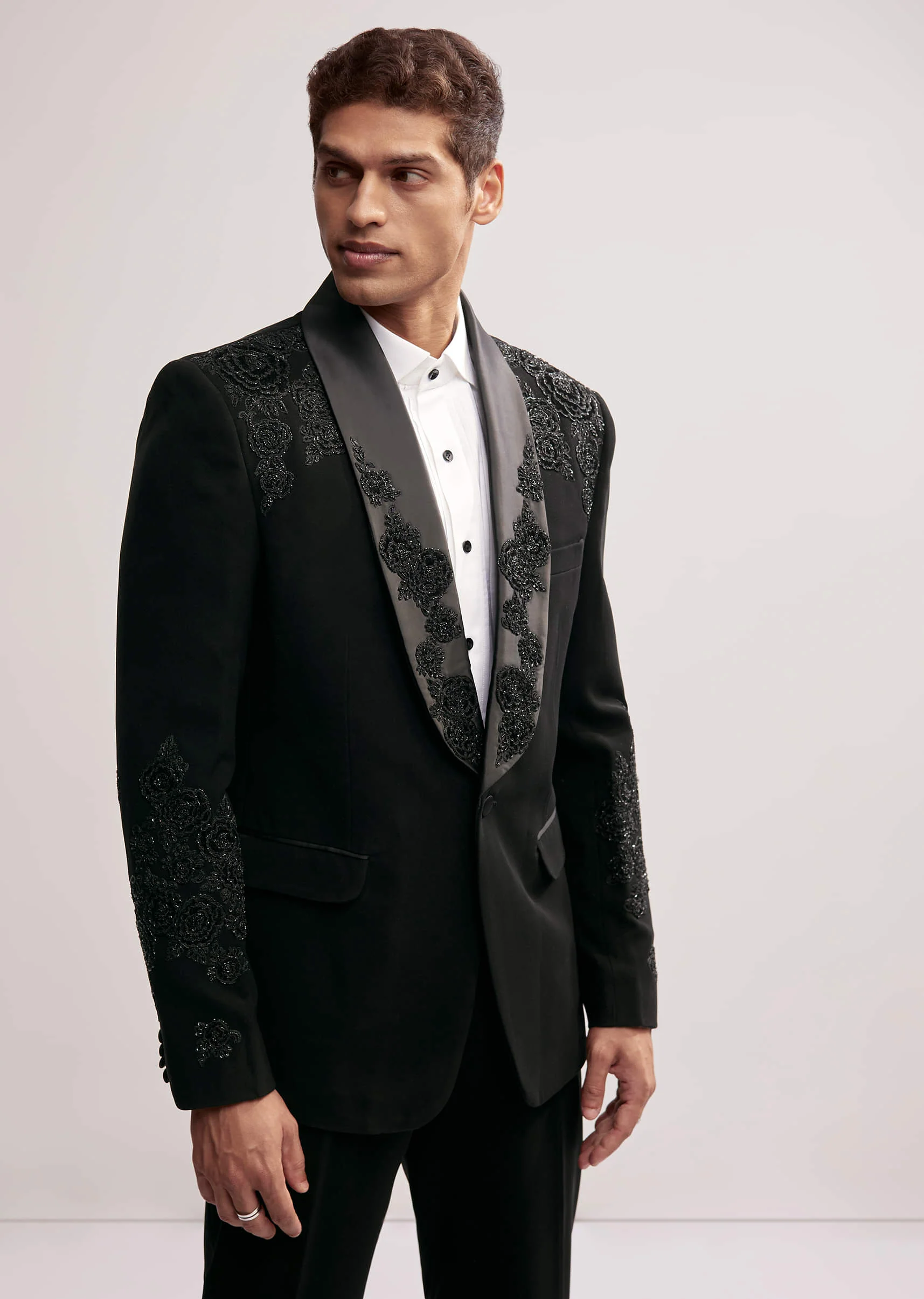 Black Tuxedo For Men With Cut Work Shawl Collar - Image 3