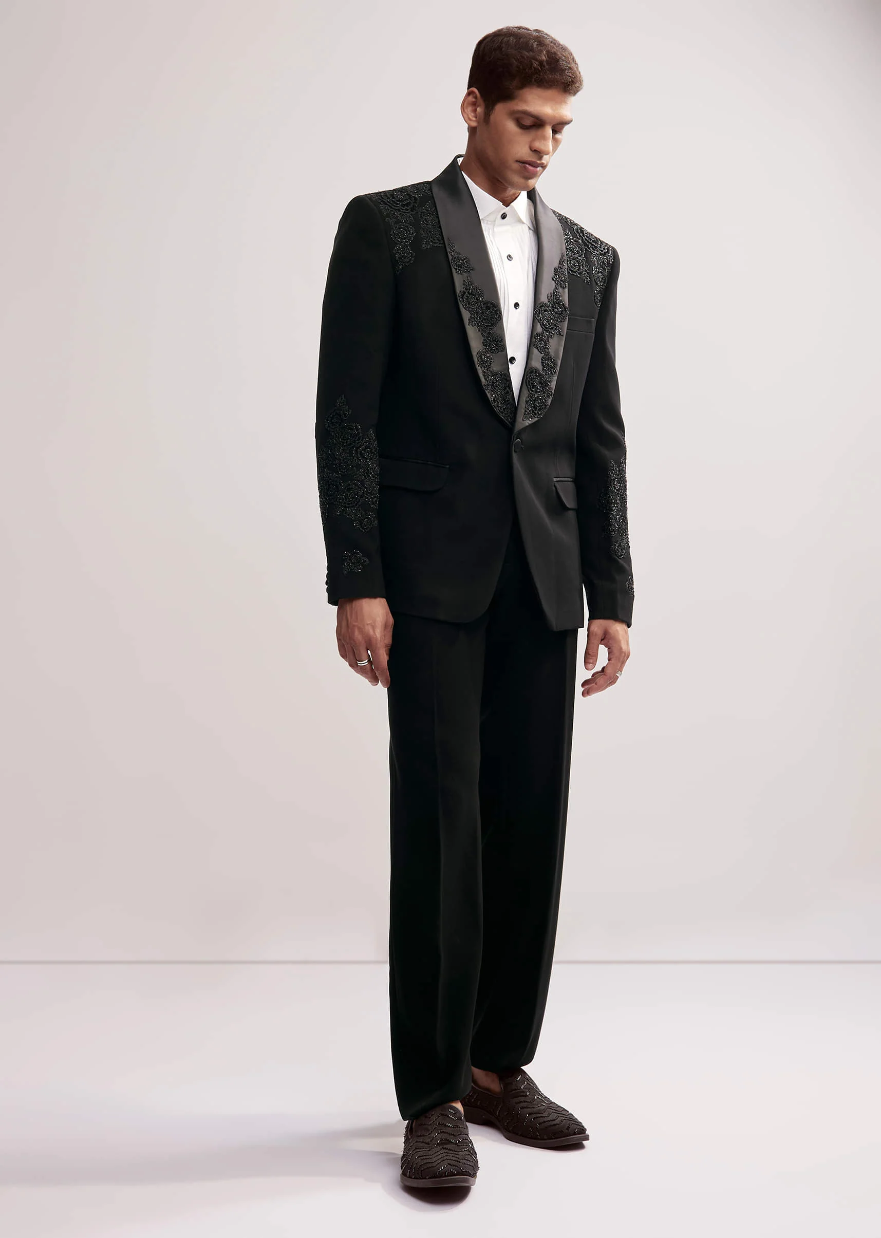 Black Tuxedo For Men With Cut Work Shawl Collar - Image 4