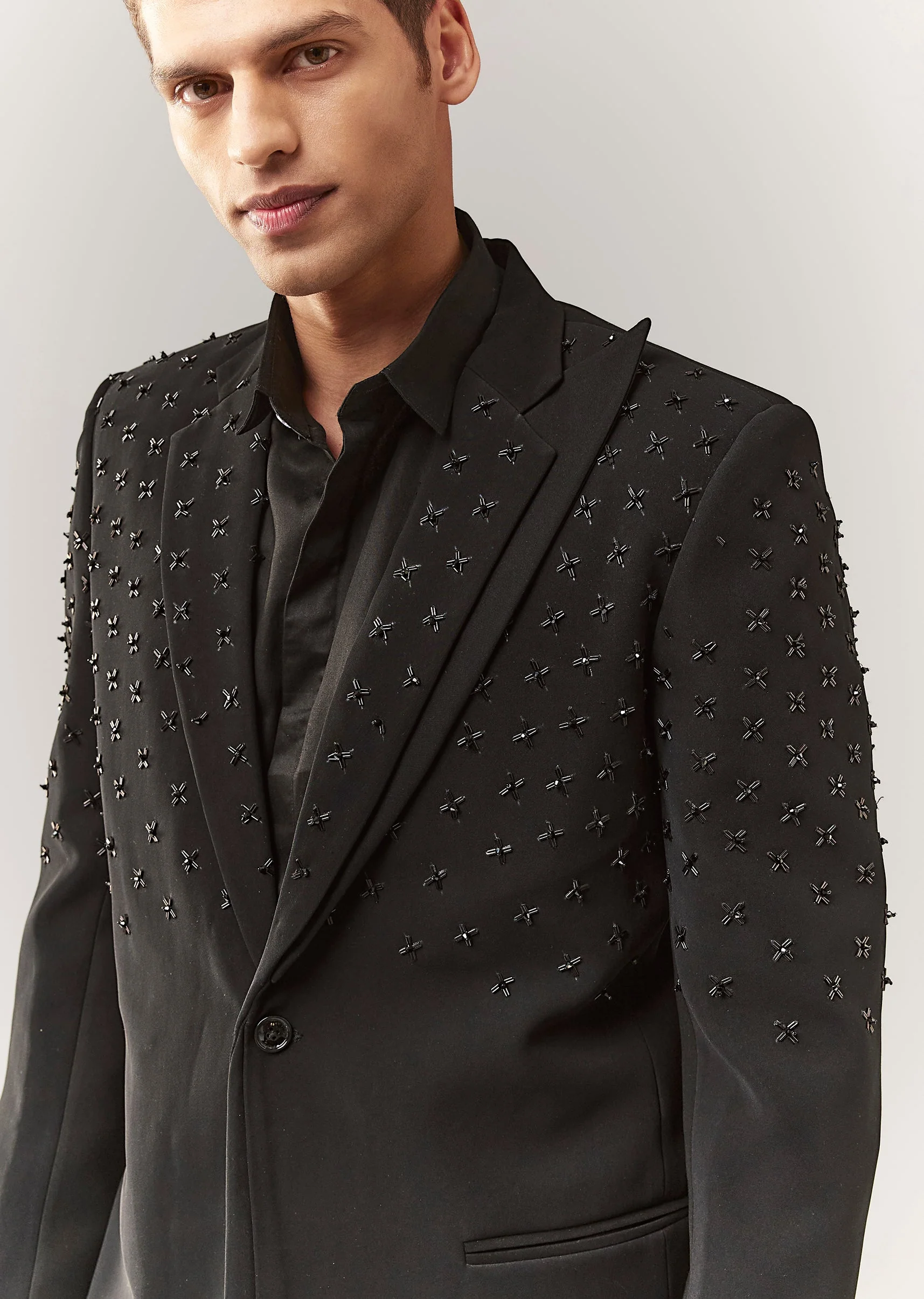 Black Tuxedo Set With Satin Organza Shirt And Cutdana Work