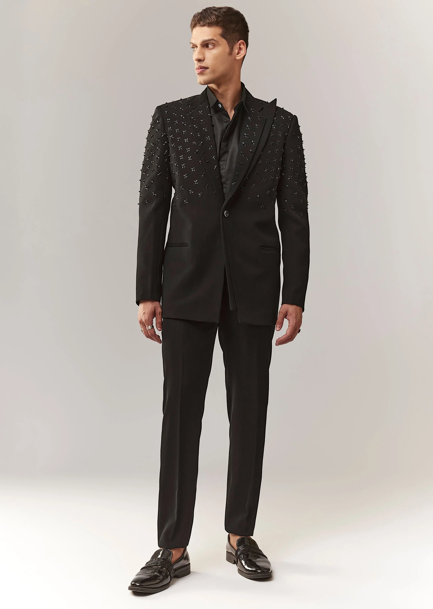 Black Tuxedo Set With Satin Organza Shirt And Cutdana Work - Image 2