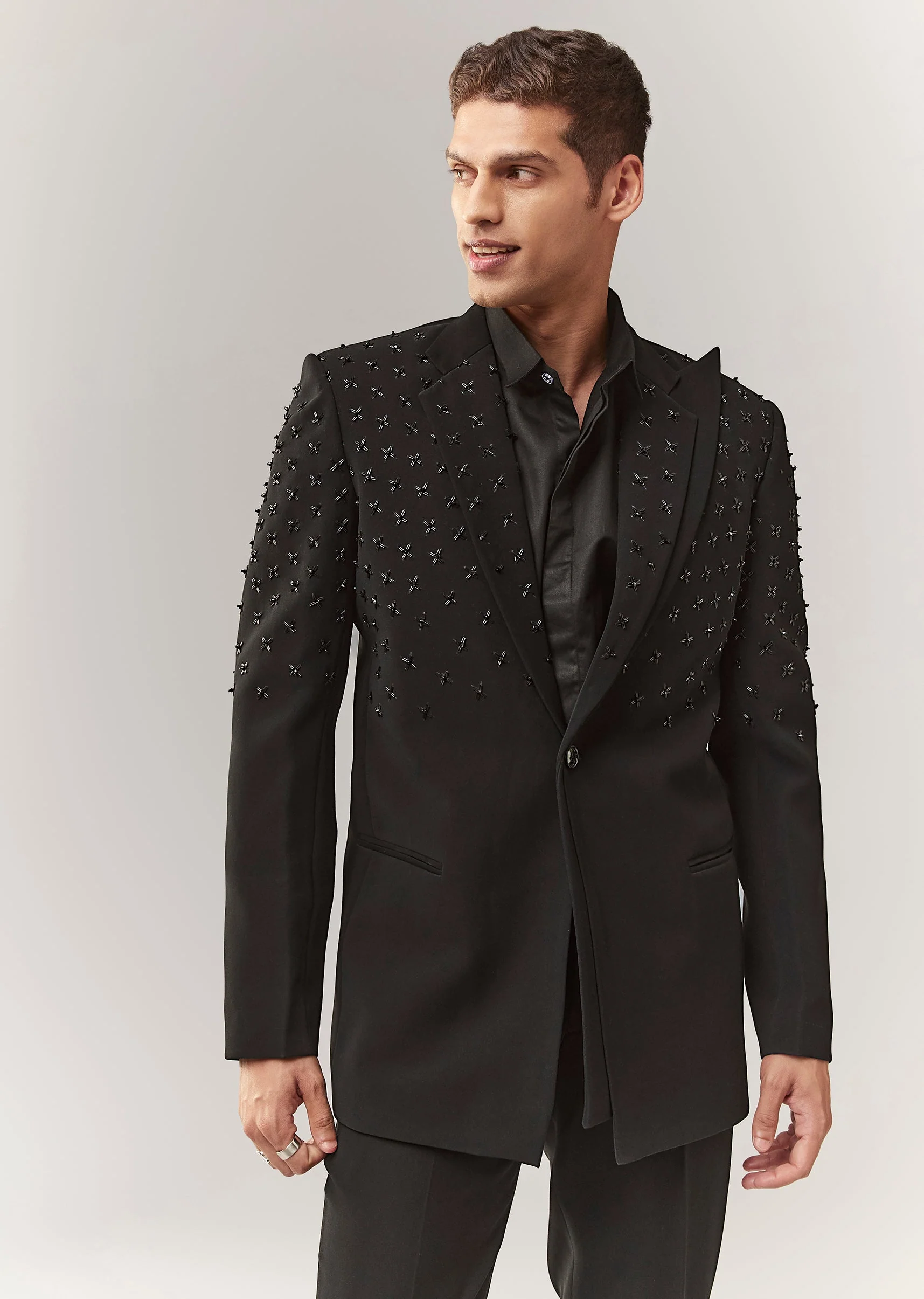 Black Tuxedo Set With Satin Organza Shirt And Cutdana Work - Image 3