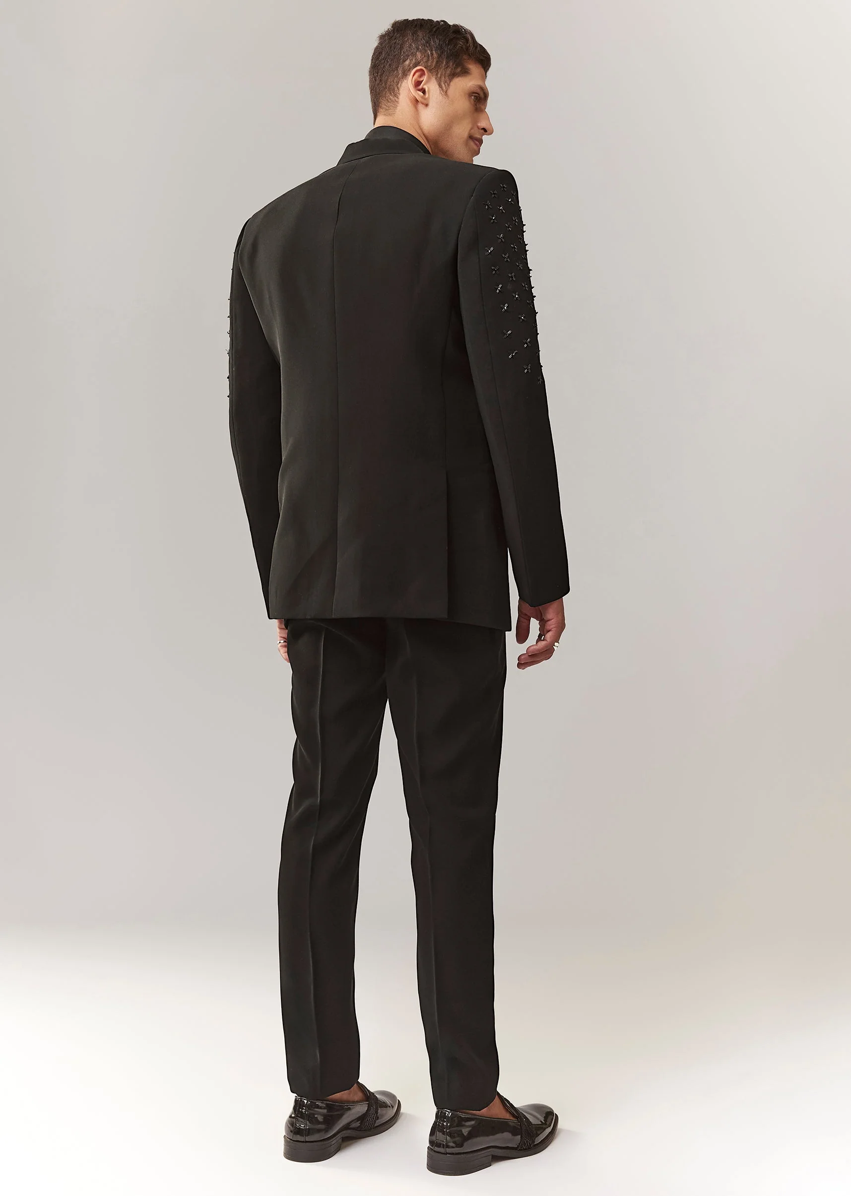 Black Tuxedo Set With Satin Organza Shirt And Cutdana Work - Image 5