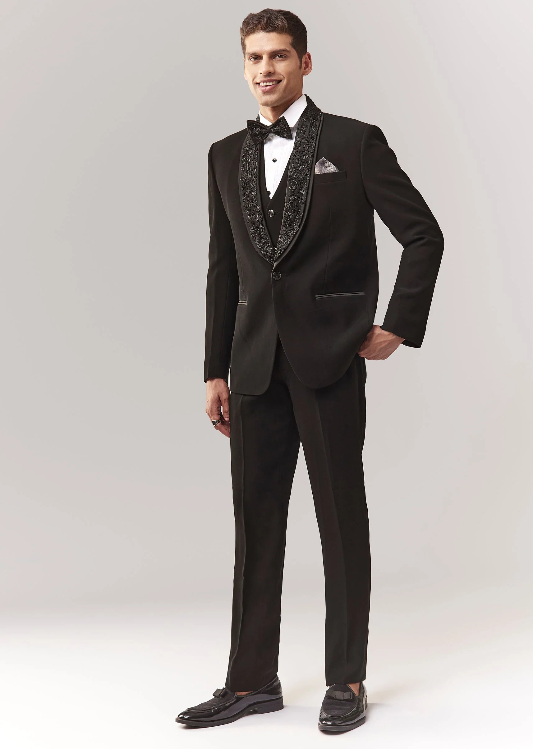 Black Tuxedo Set With Waistcoat And Cutdana Work - Image 2