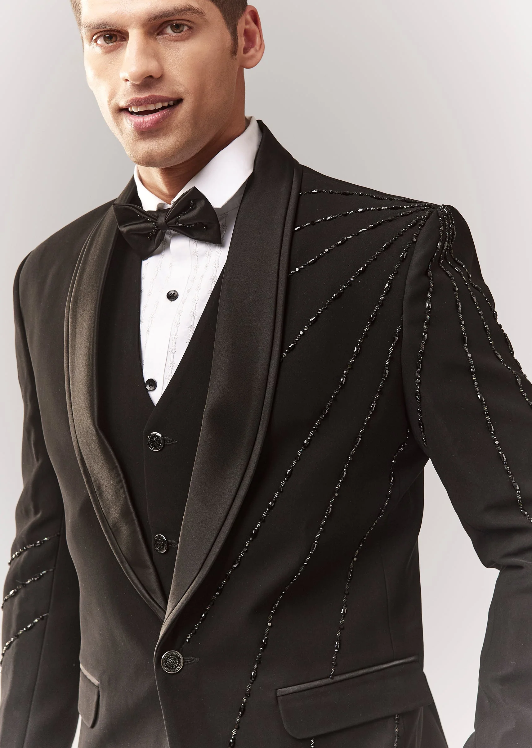 Black Tuxedo Set With Waistcoat Cutdana And Stone Work - Image 2