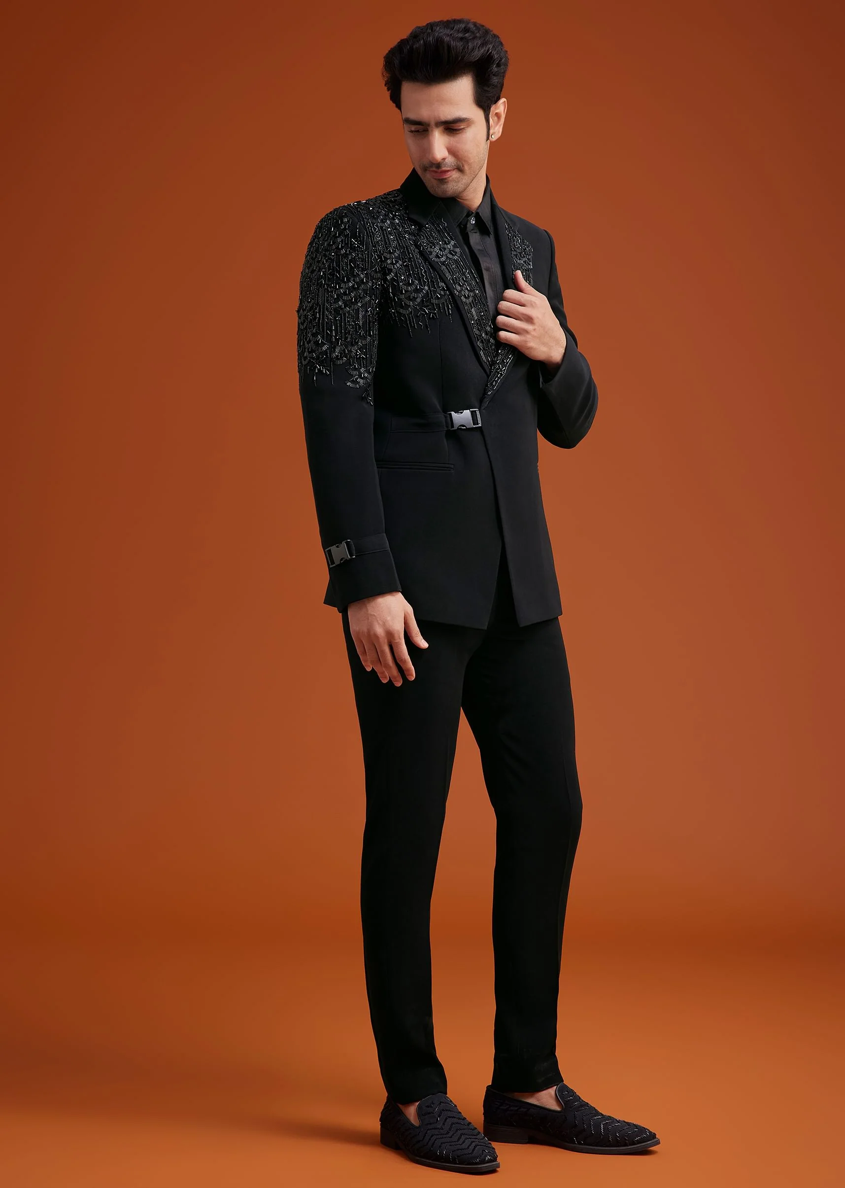 Black Tuxedo With Asymmetric Beaded Embellishments - Image 4