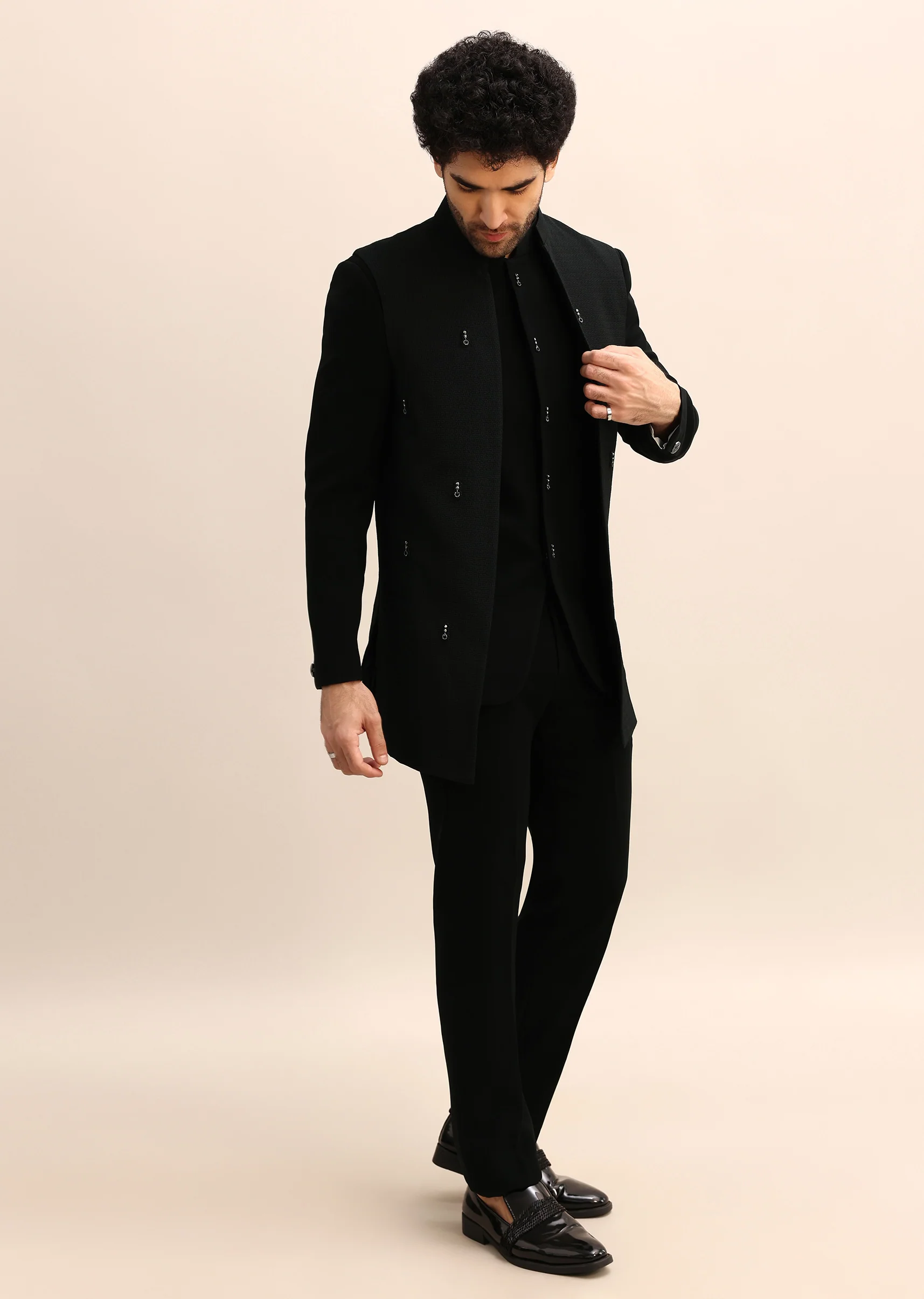 Black Velvet 3 Pc Jodhpuri Suit - Image 4