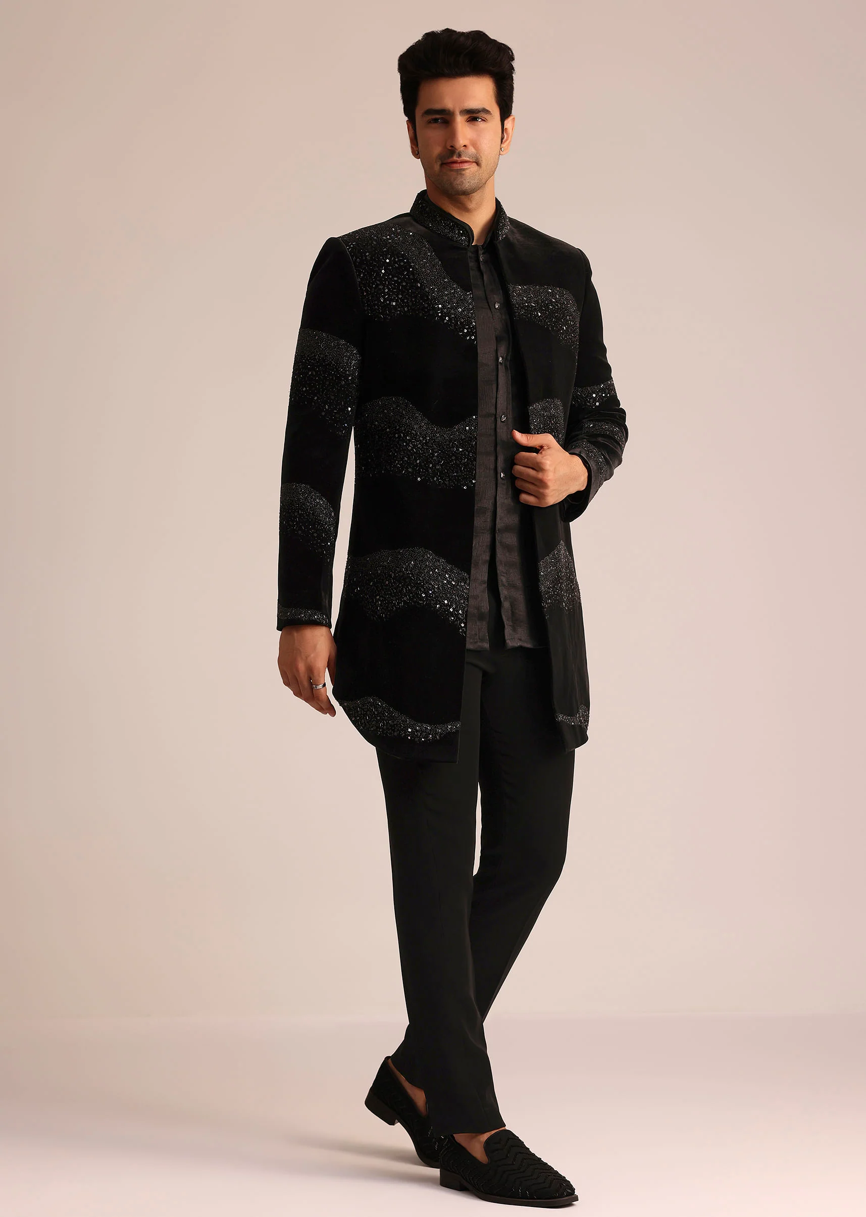 Black Velvet Indo Western Set With Zardosi Detailing - Image 2