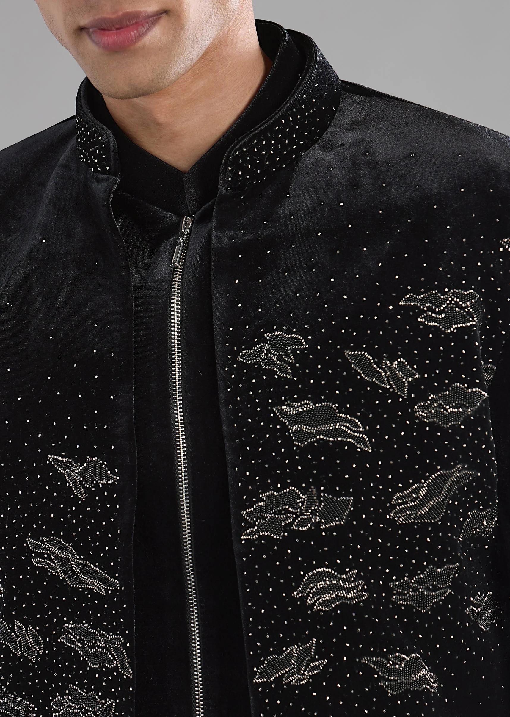 Black Velvet Indowestern Jacket Set with Bead Work - Image 3