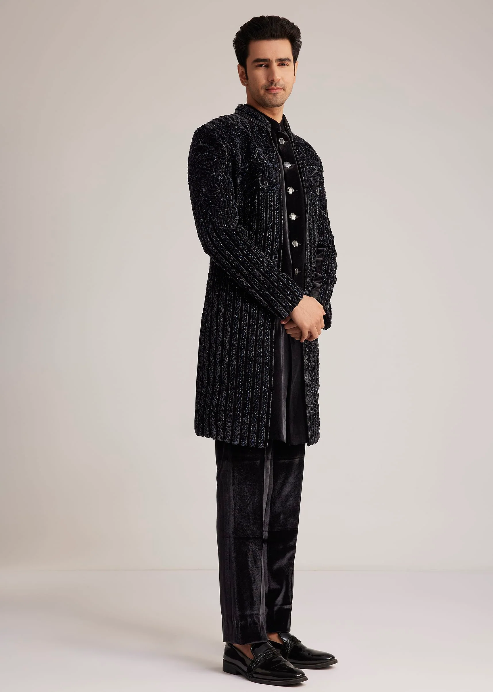 Black Velvet Indowestern Set With Cut Dana Embellishment - Image 3