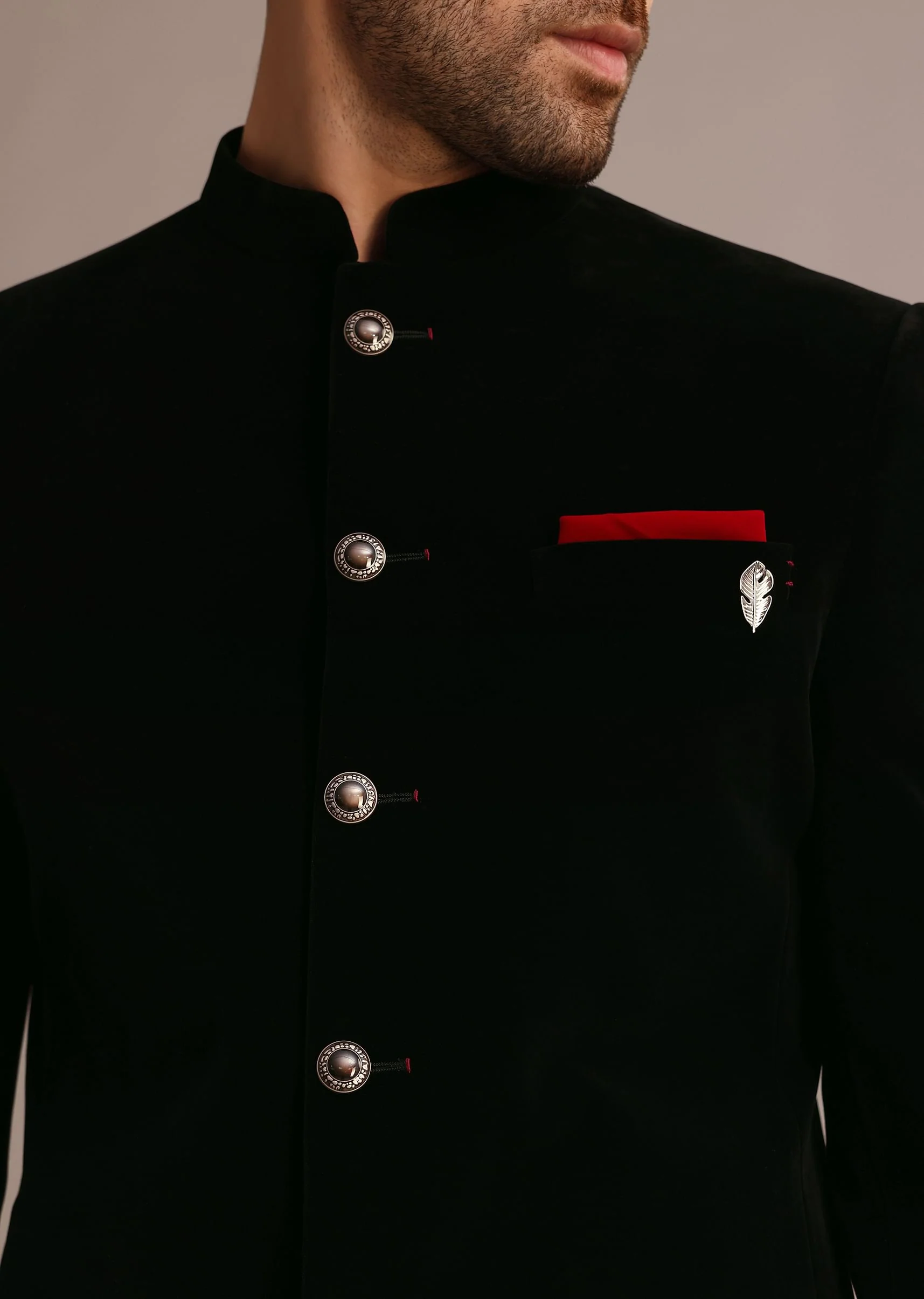 Black Velvet Jodhpuri Set with Pocket Square - Image 2