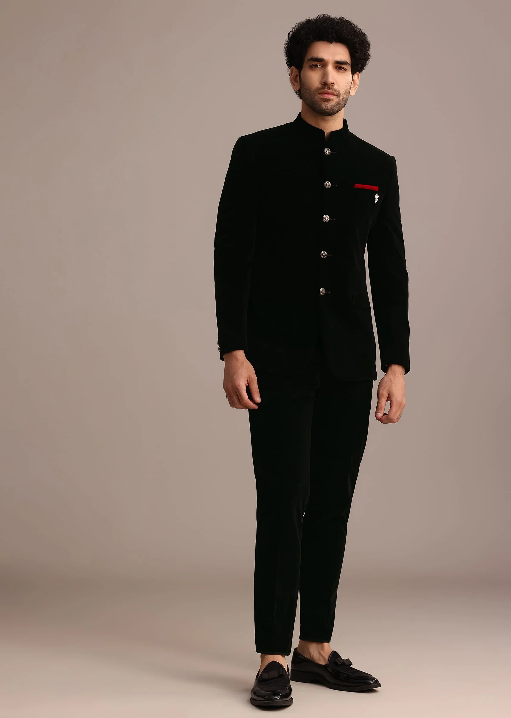 Black Velvet Jodhpuri Set with Pocket Square - Image 3